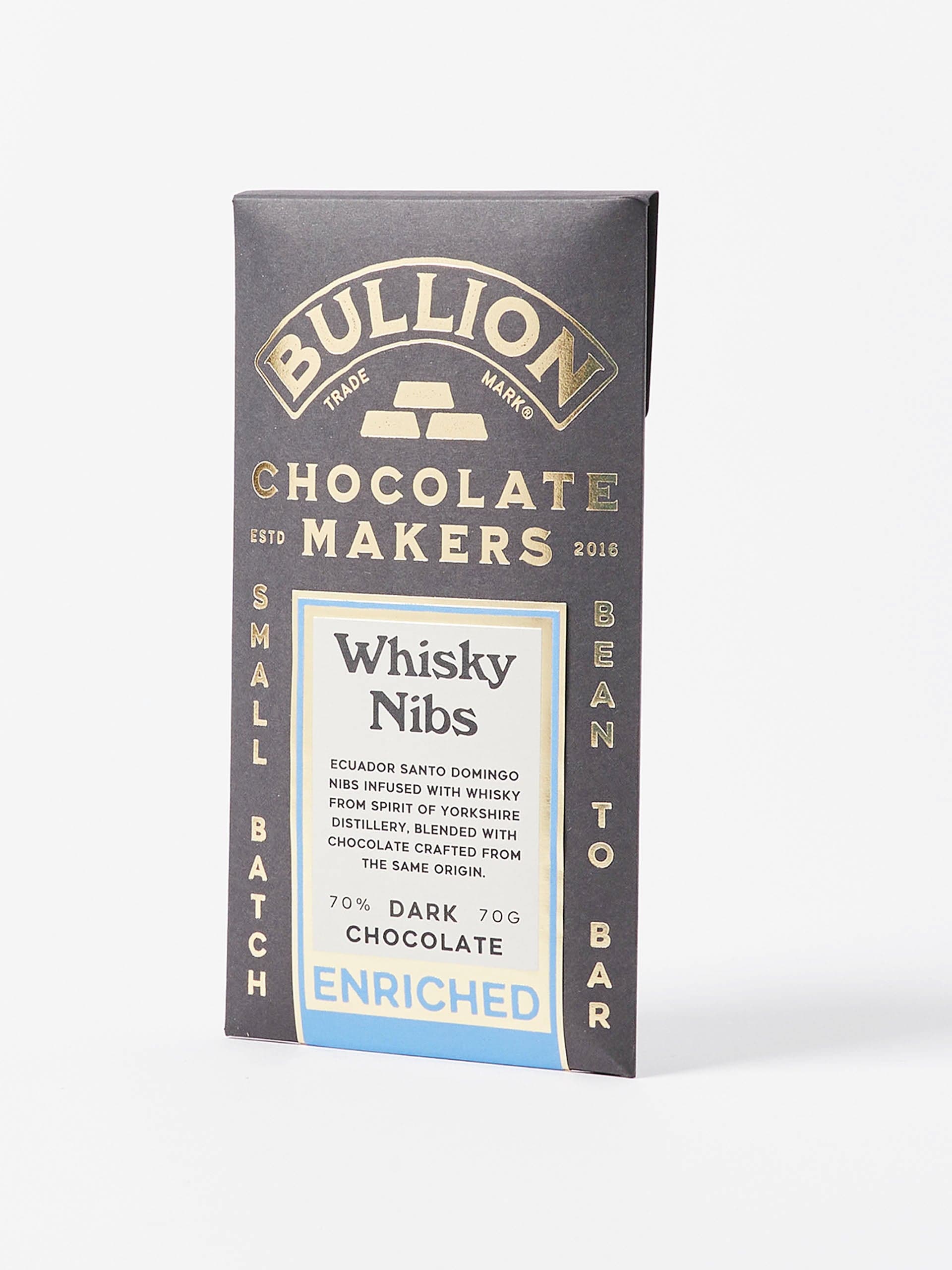 Bullion enriched whisky nib dark chocolate bar