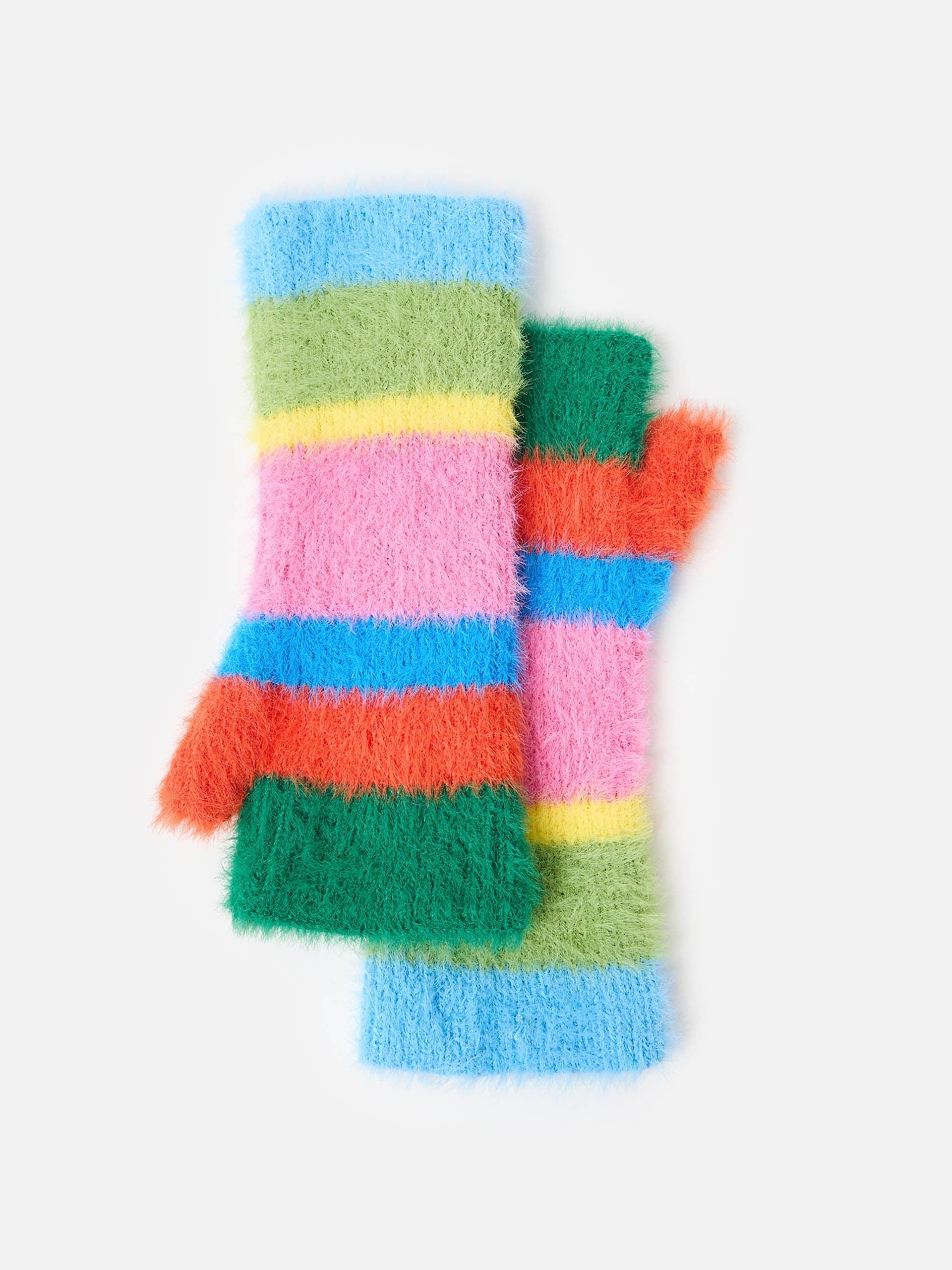 Rainbow striped fluffy knitted fingerless gloves