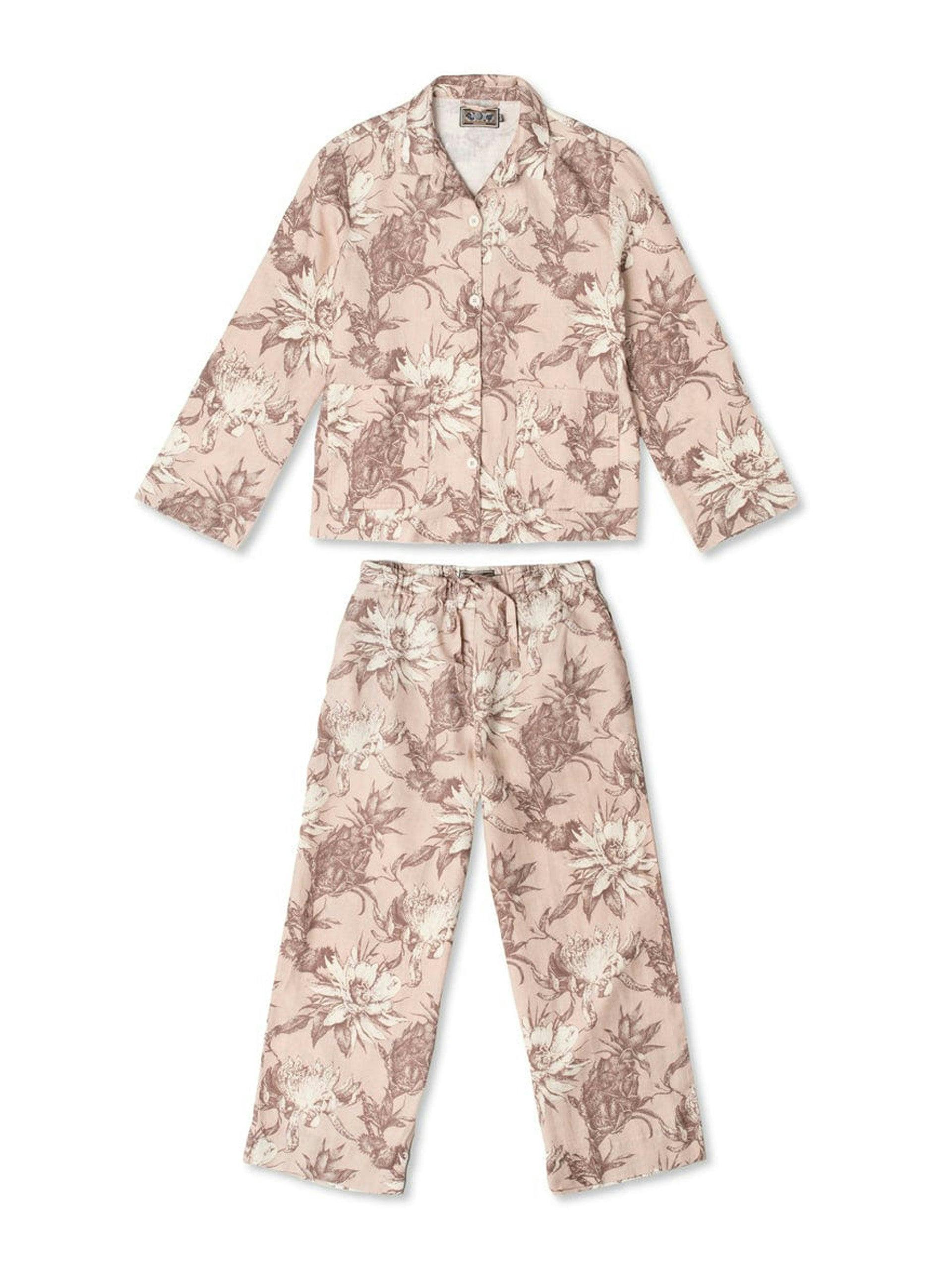 Rose latte night bloom print linen pocket pyjama set