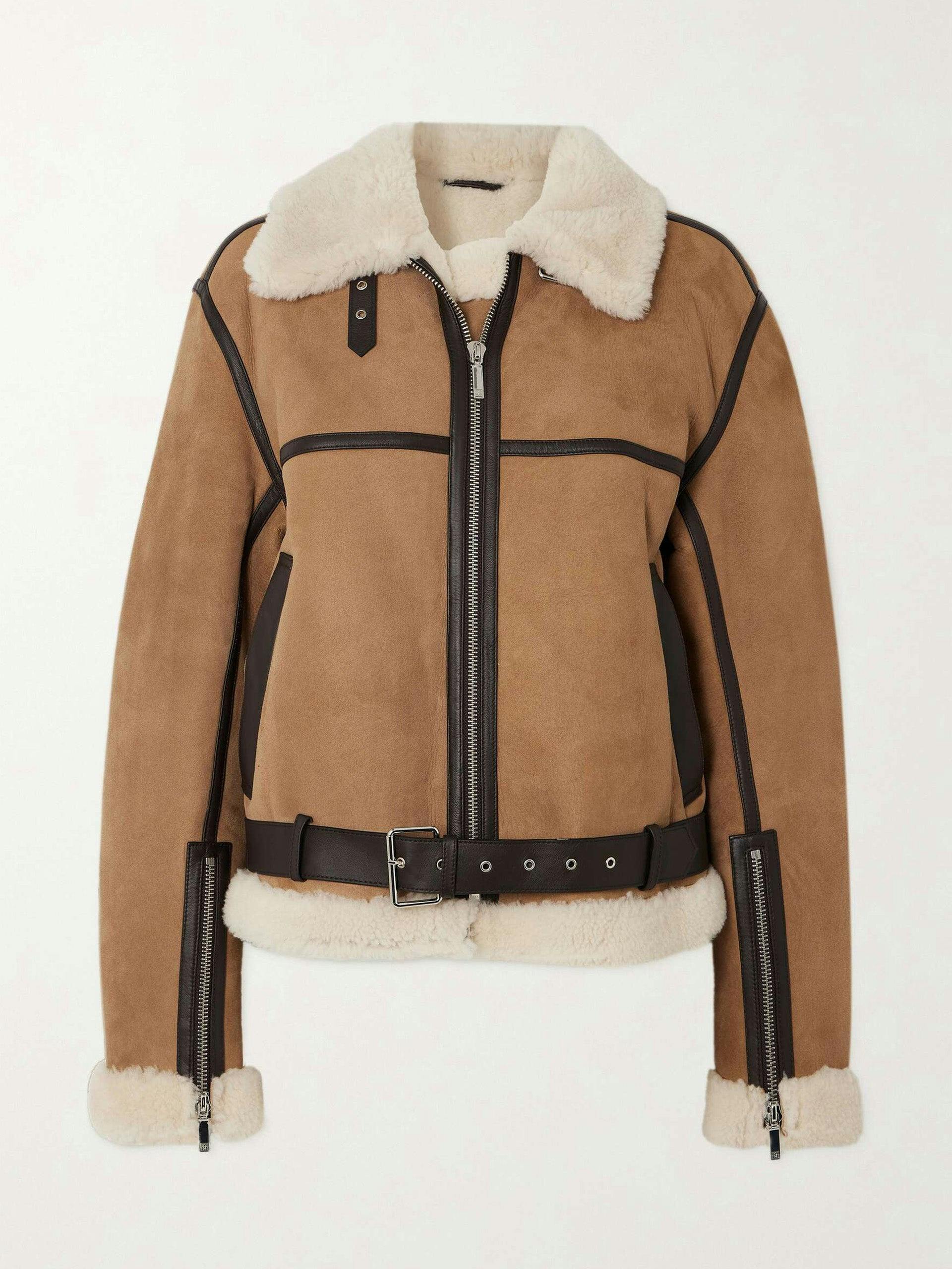 Leather-trimmed shearling jacket
