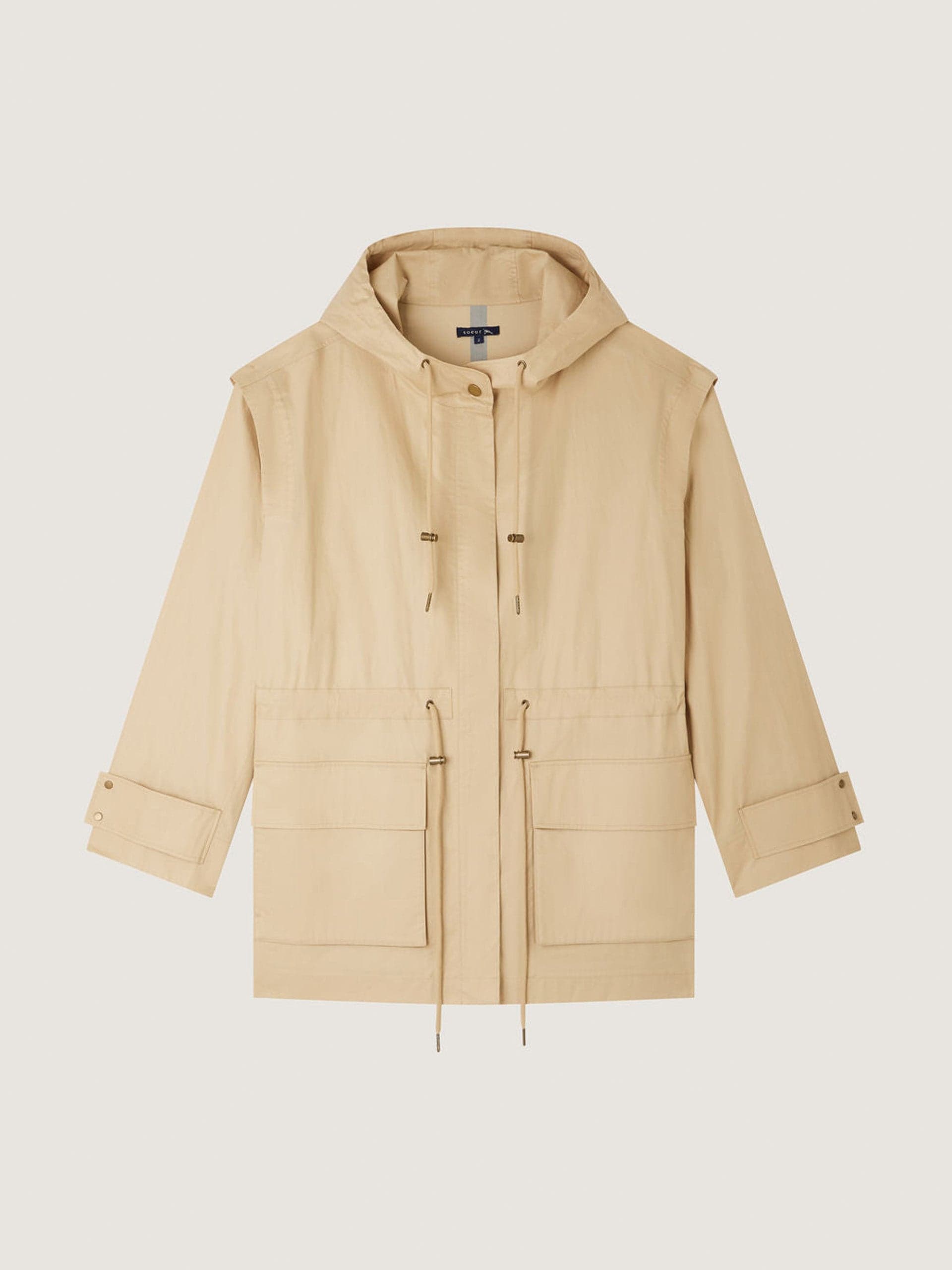 Beige cotton canvas hooded parka