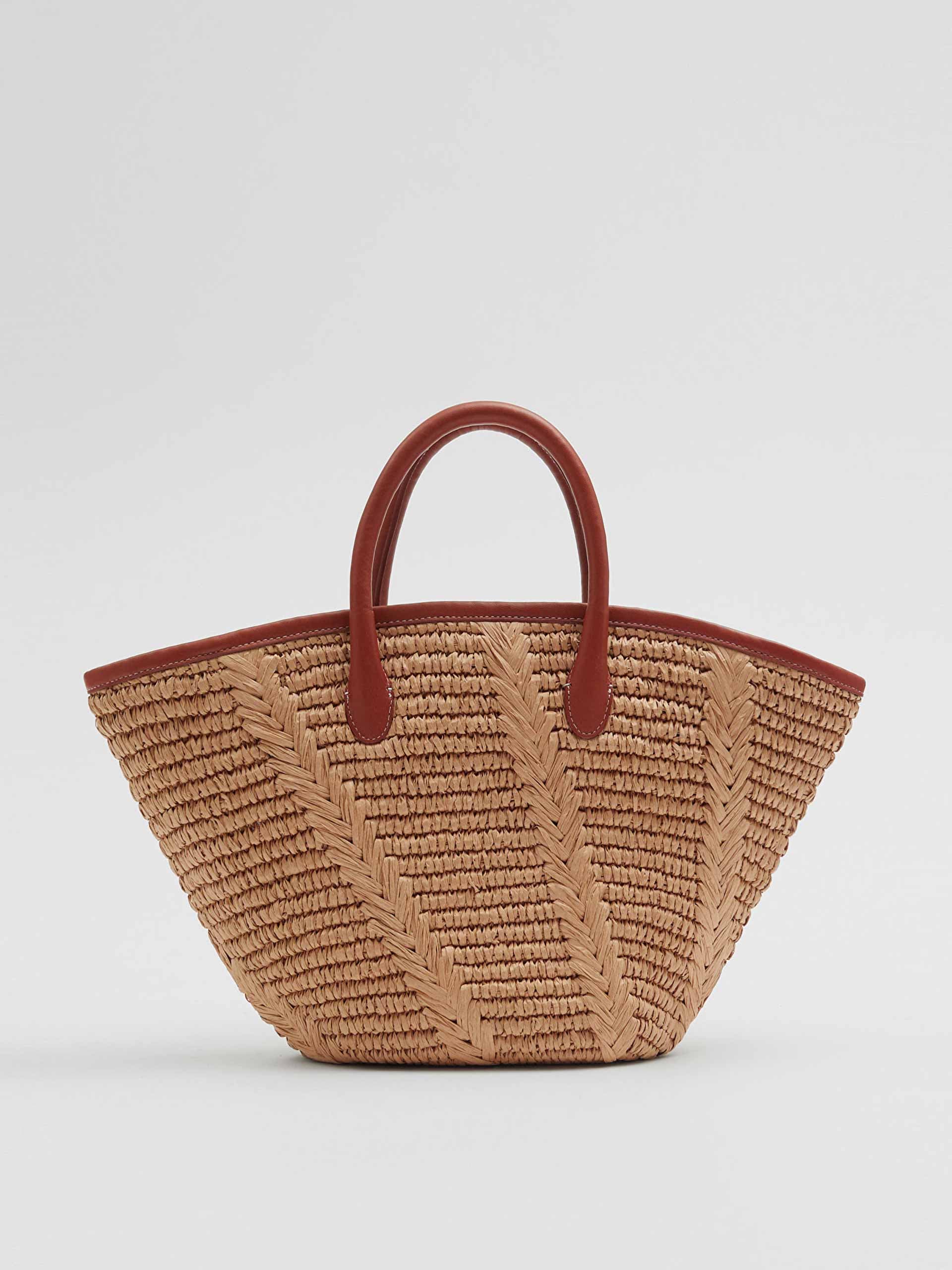 Leather trimmed straw tote bag