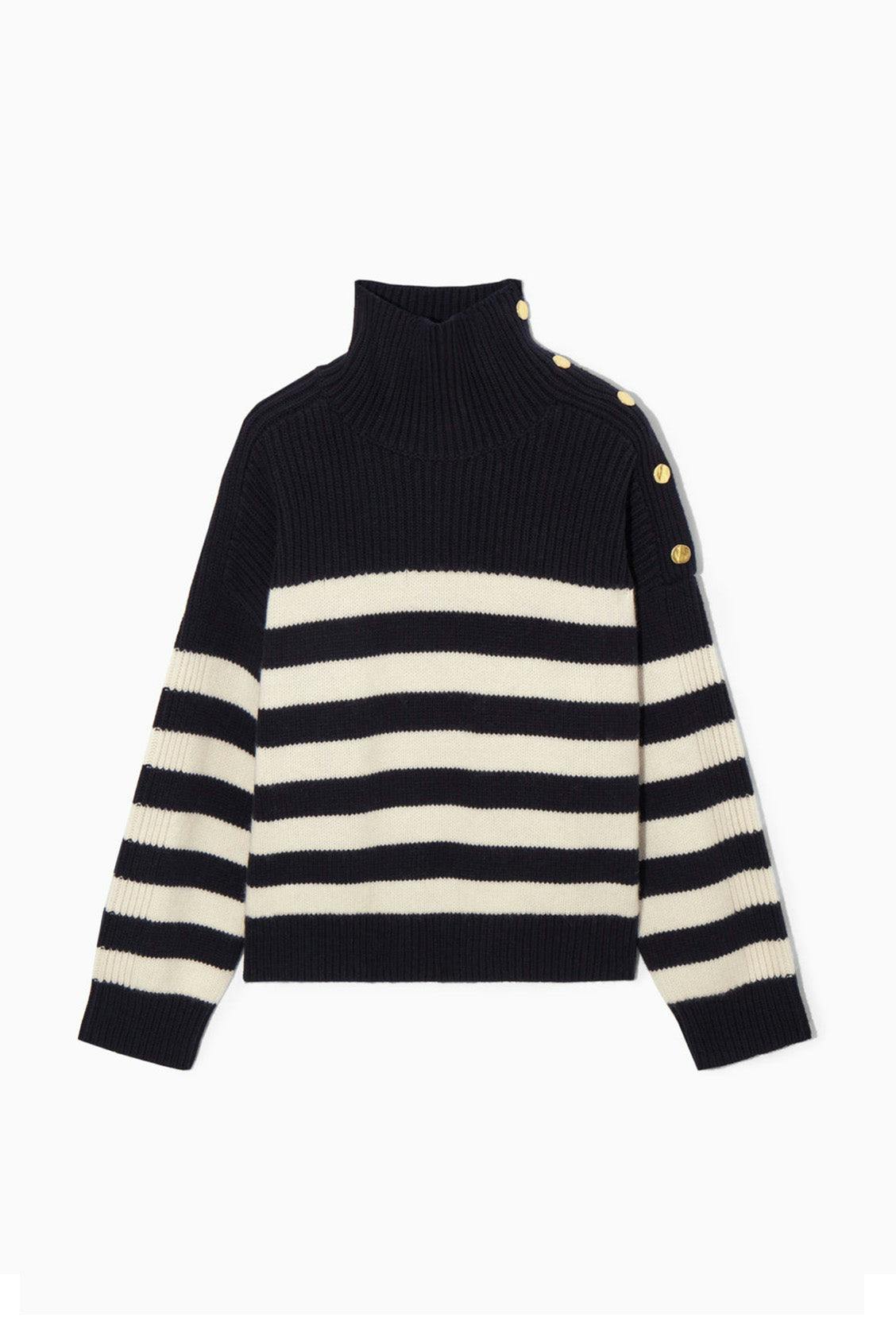 Button-embellished striped wool jumper