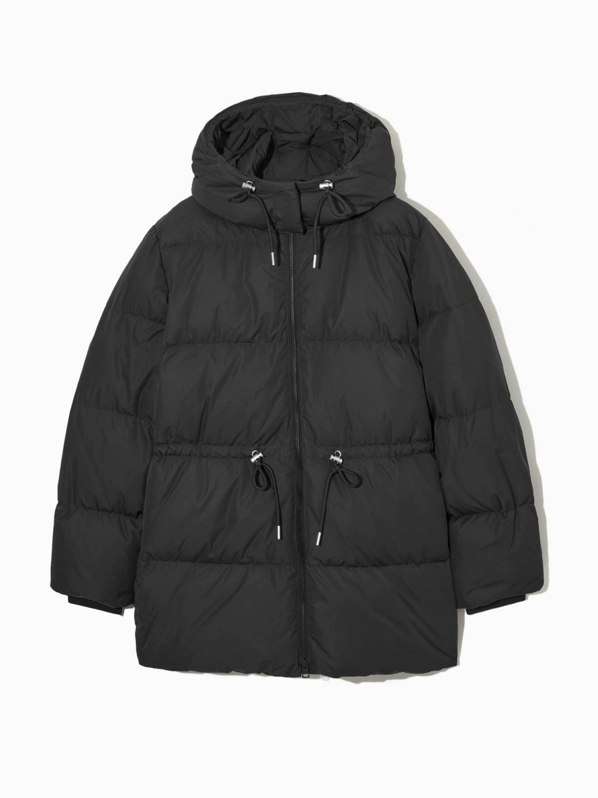 Black draw-string waist puffer jacket