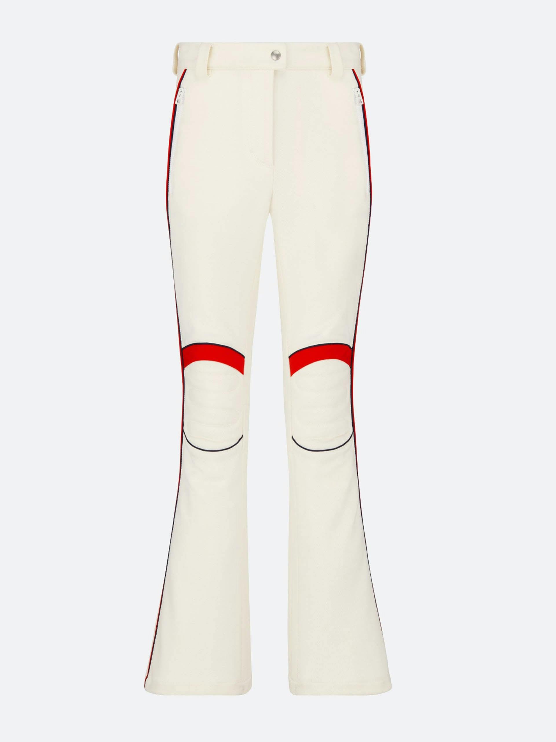 White and red flared ski trousers