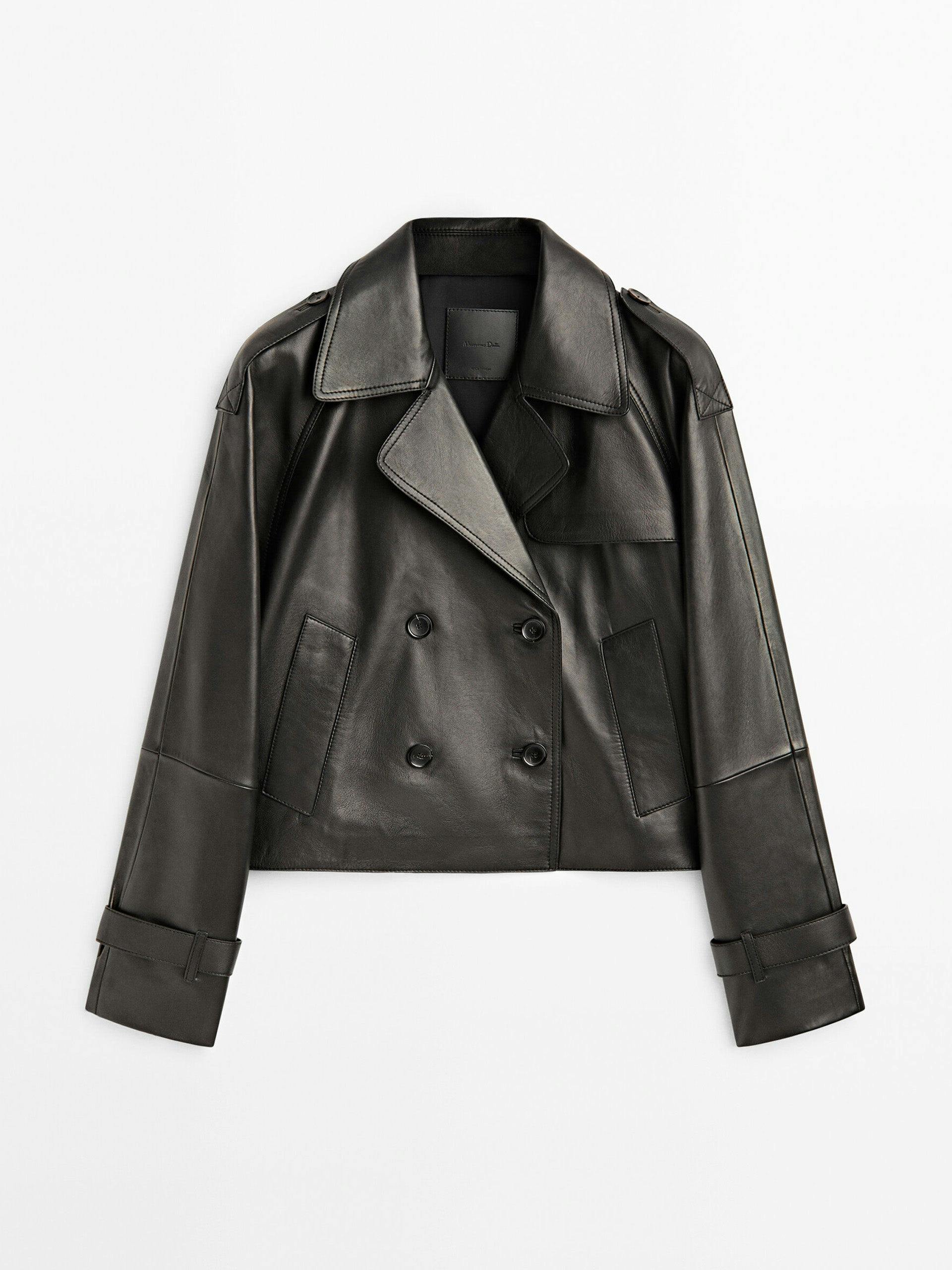 Cropped leather trench coat