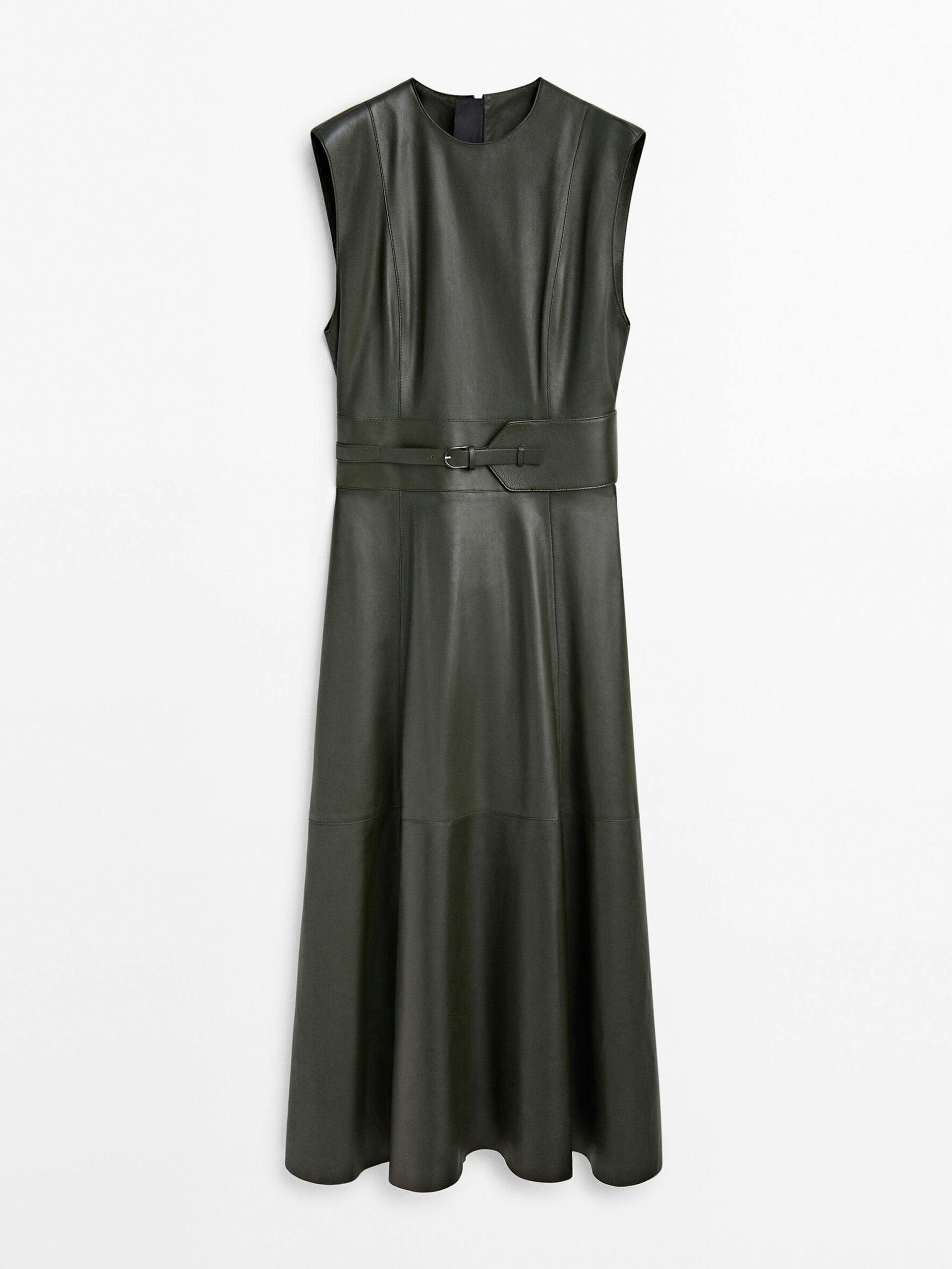 Leather midi dress with belt