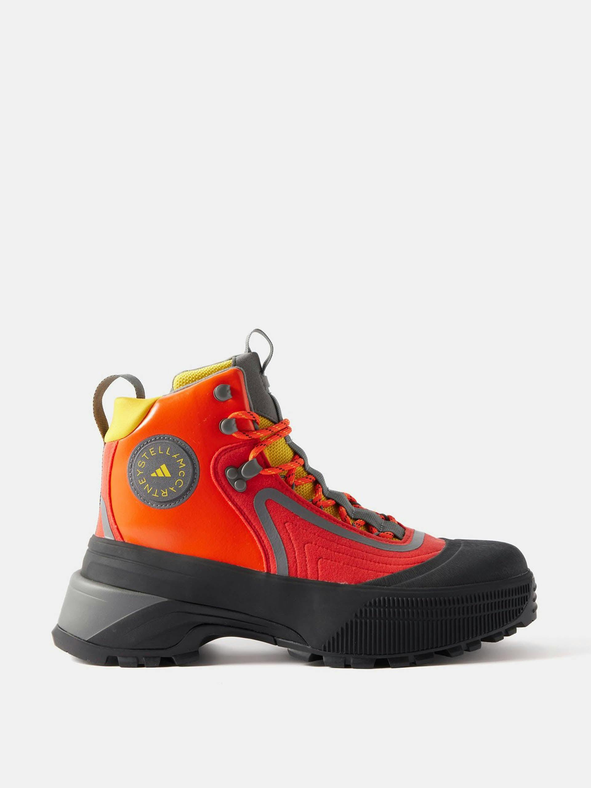 Red and orange rubber hiking boots