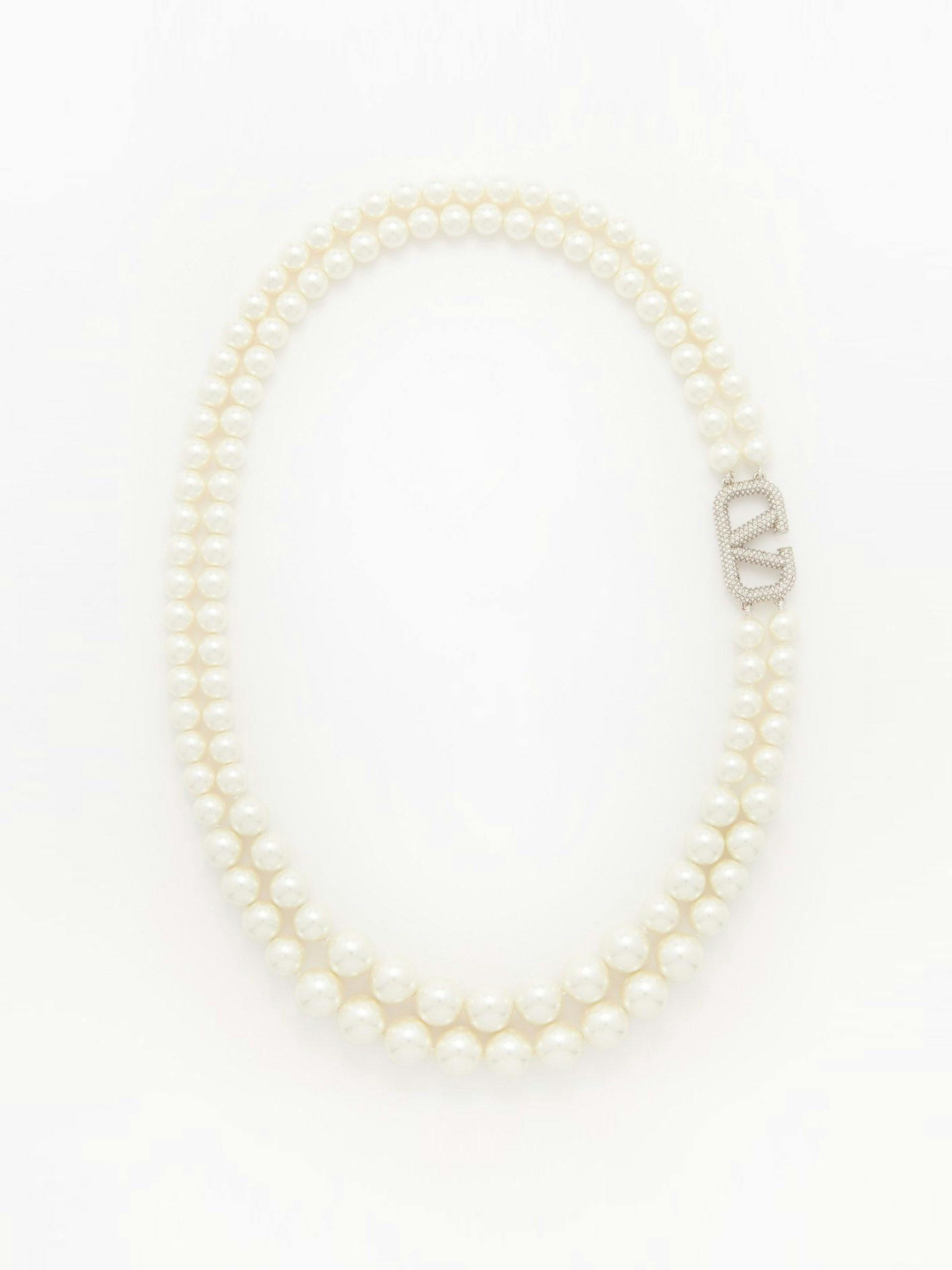 V-Logo crystal-embellished faux-pearl necklace