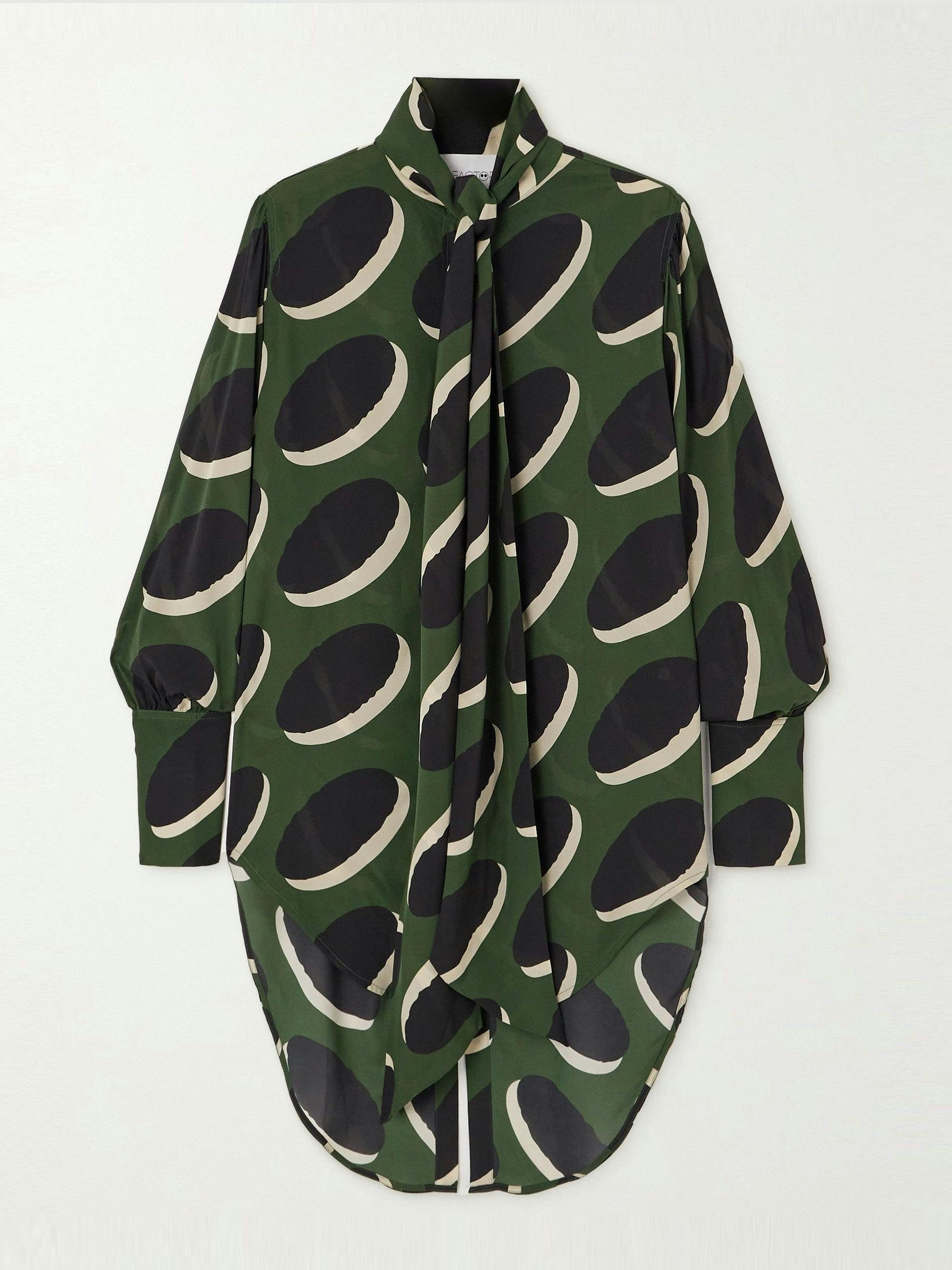 Green pussy-bow printed georgette shirt