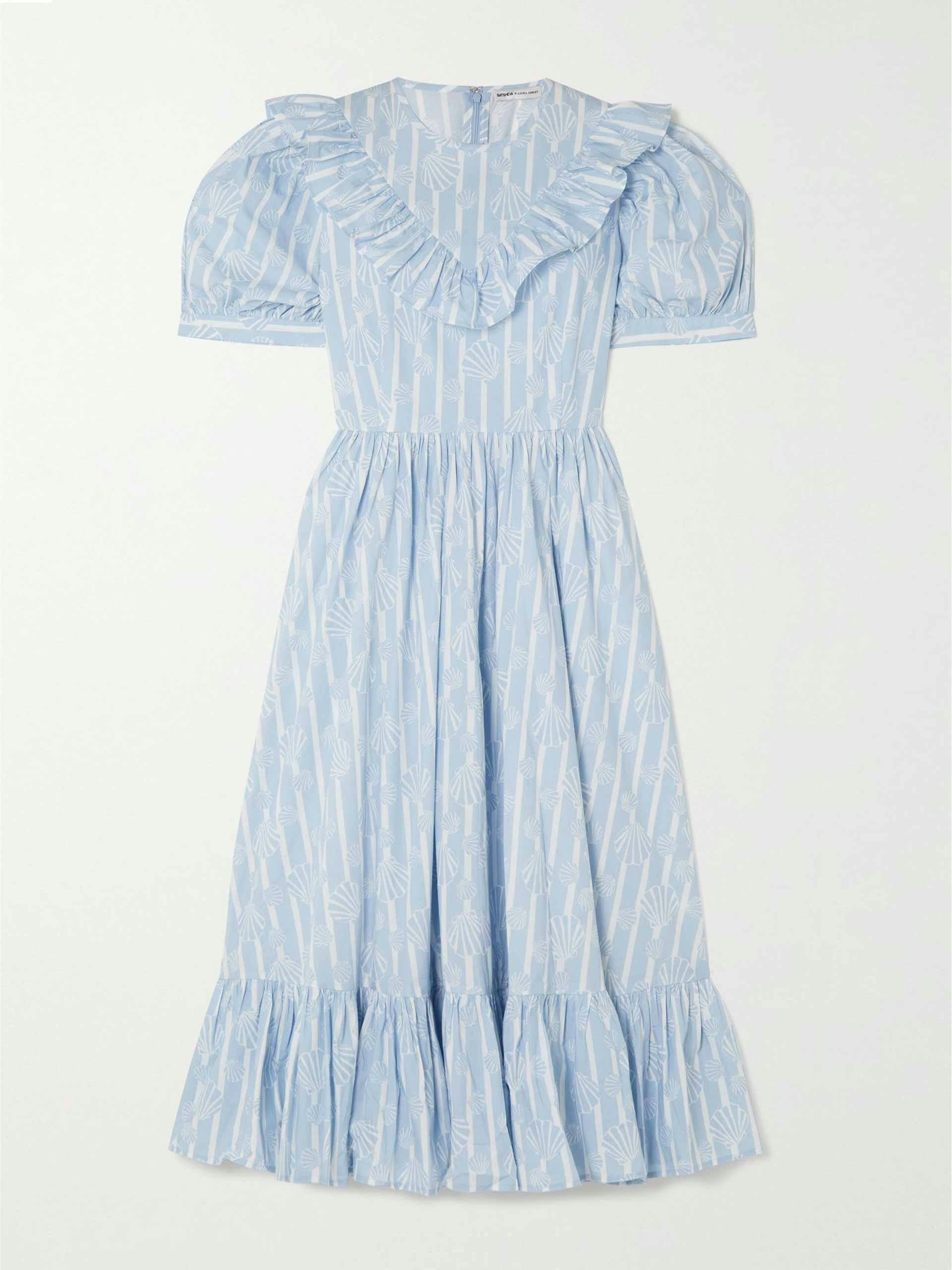 Light blue ruffled printed cotton-poplin midi dress