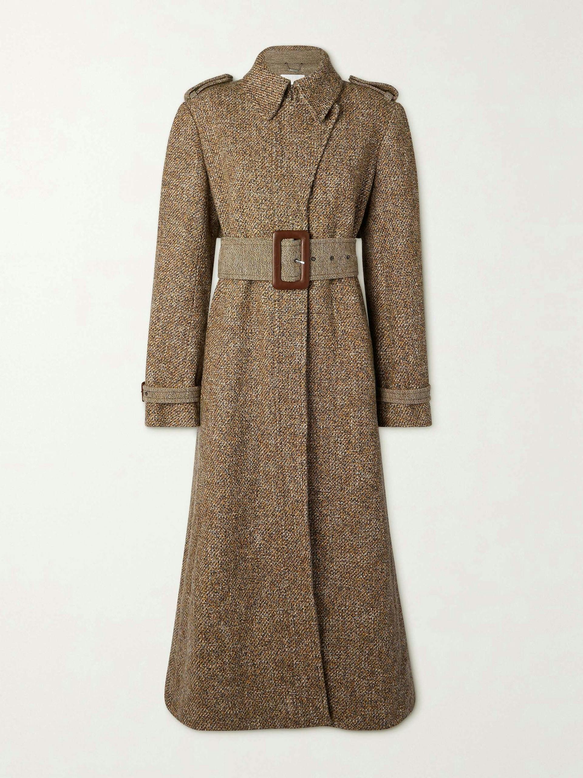 Belted wool-blend tweed coat