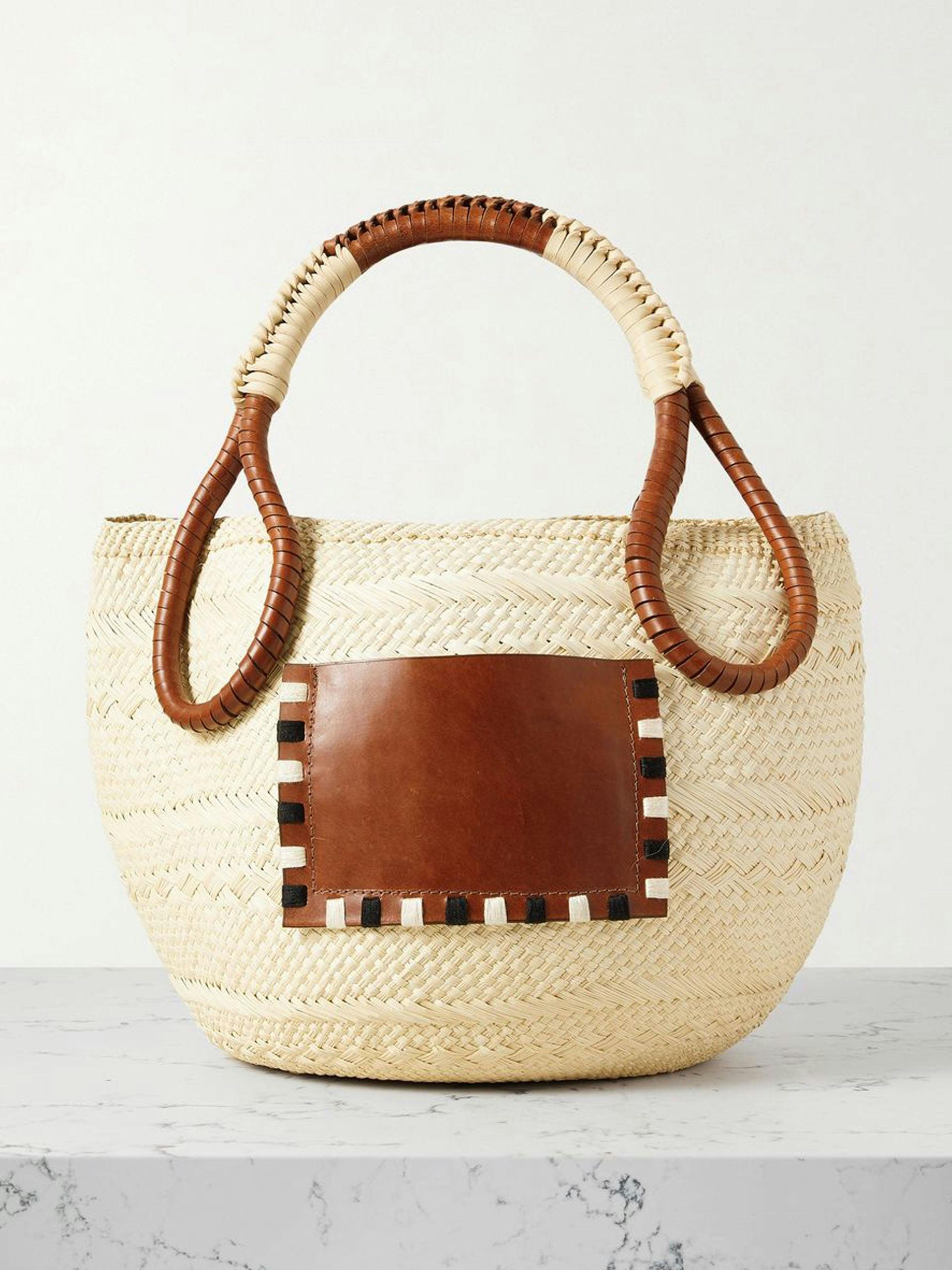 Singing The Namba leather-trimmed raffia tote