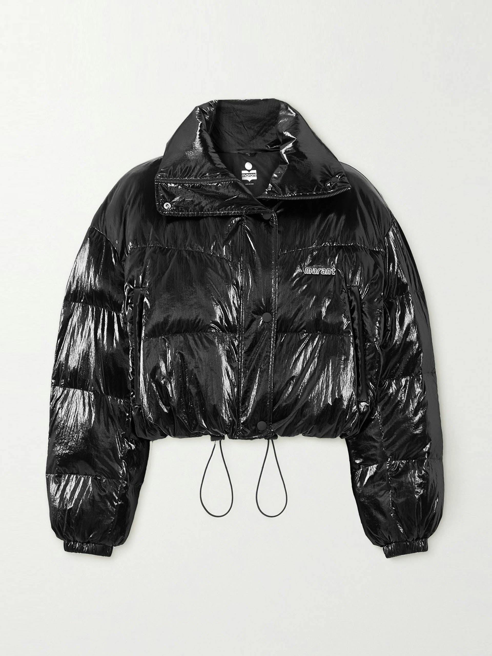 Black cropped padded quilted glossed-shell jacket