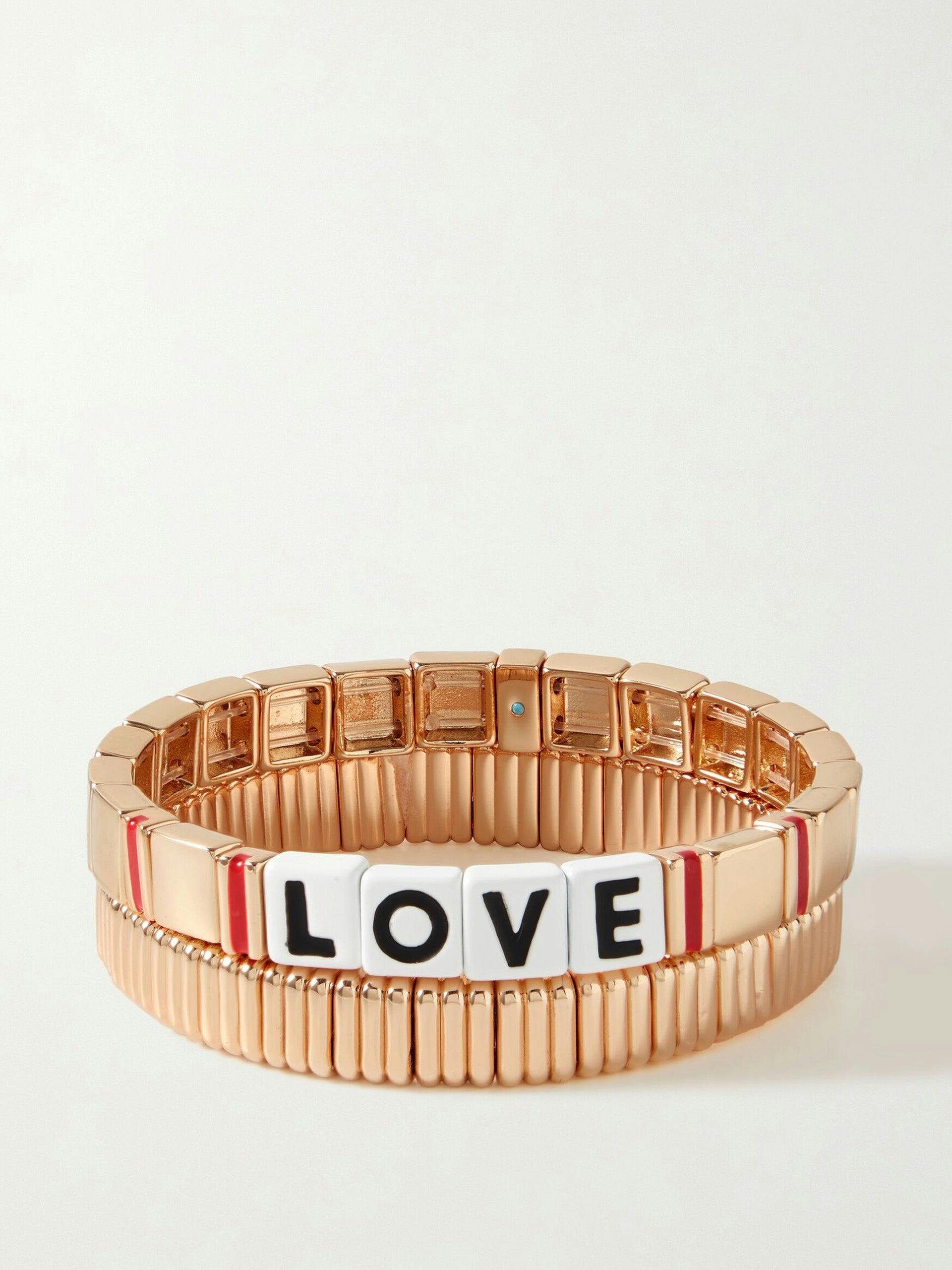 Golden Love set of two gold-tone and enamel bracelets