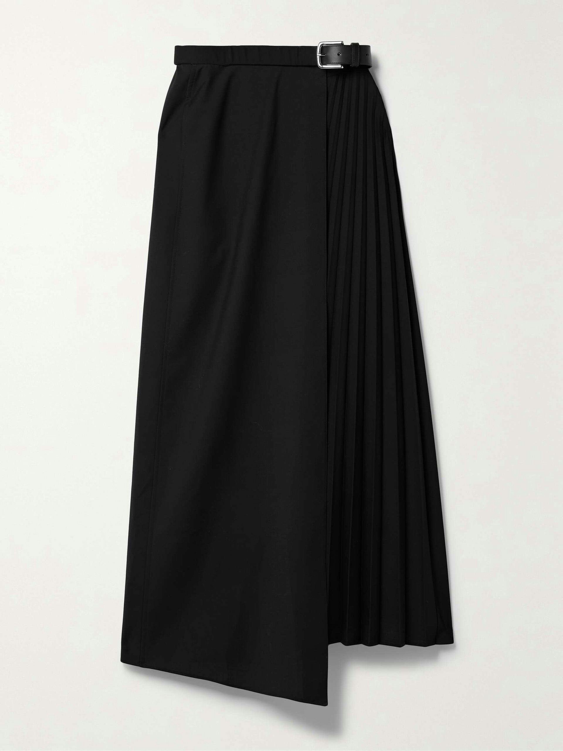 Belted pleated woven maxi wrap skirt