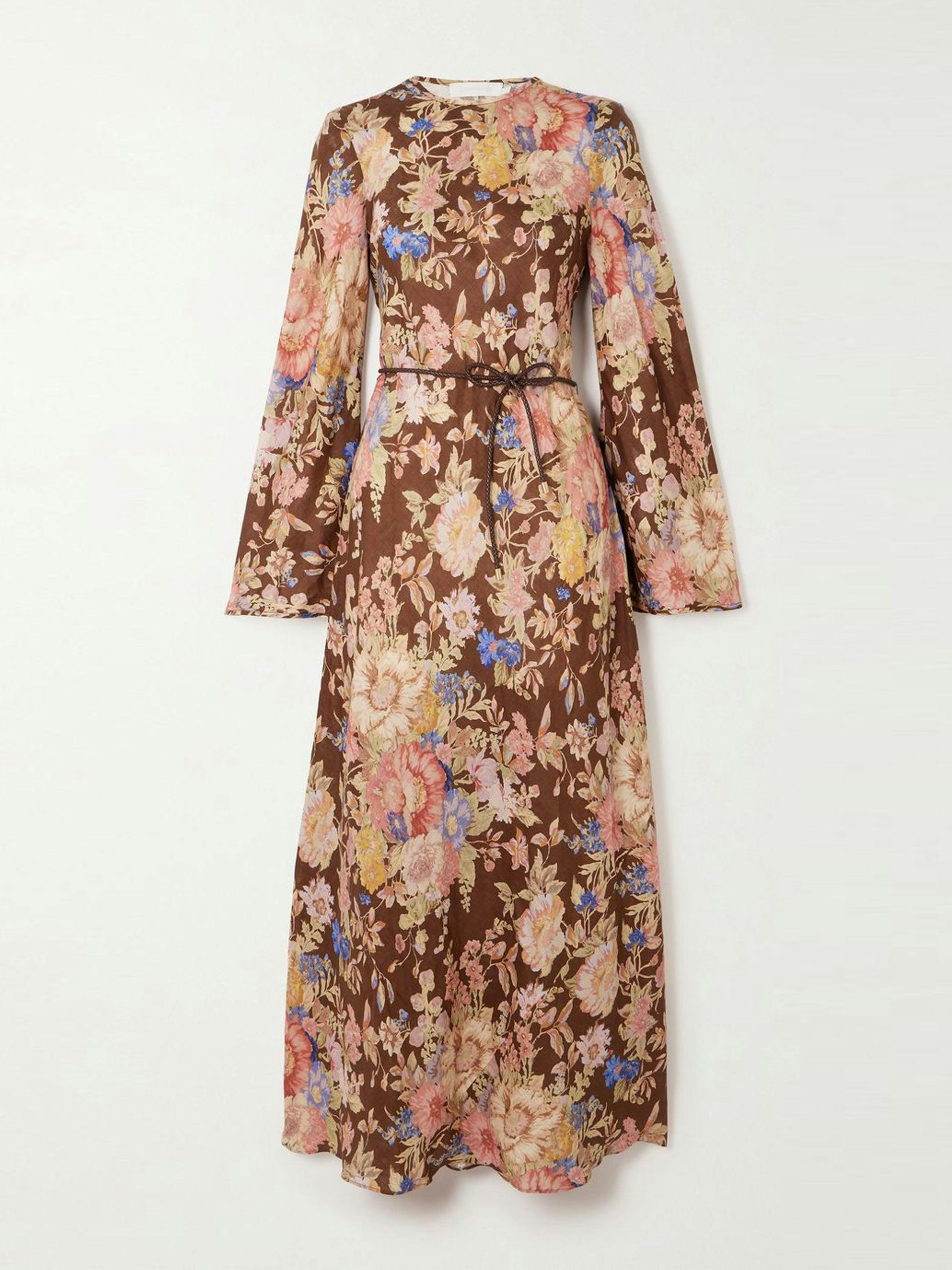 August belted floral-print linen maxi dress