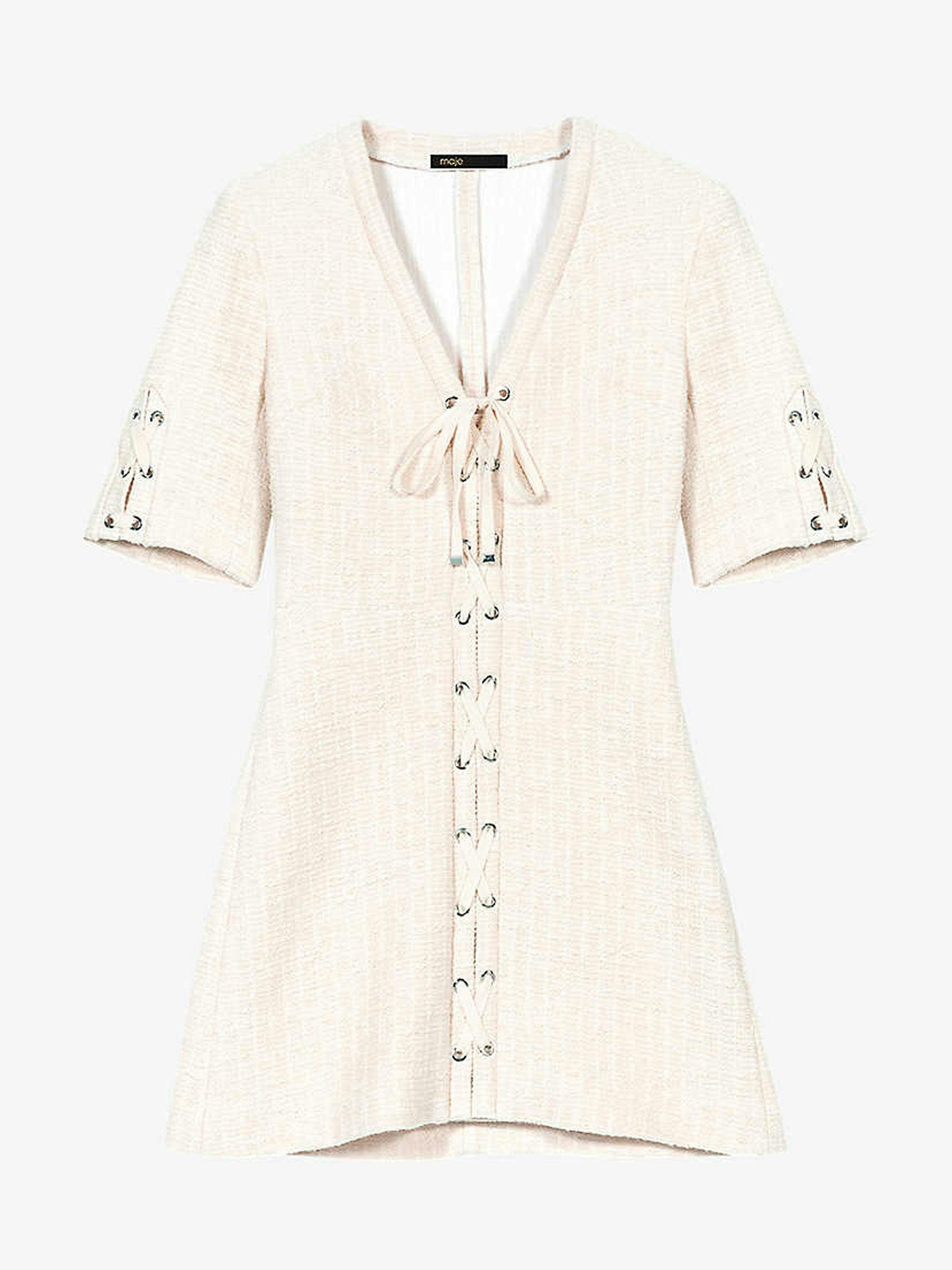 Lace-up tweed-effect cotton mini dress