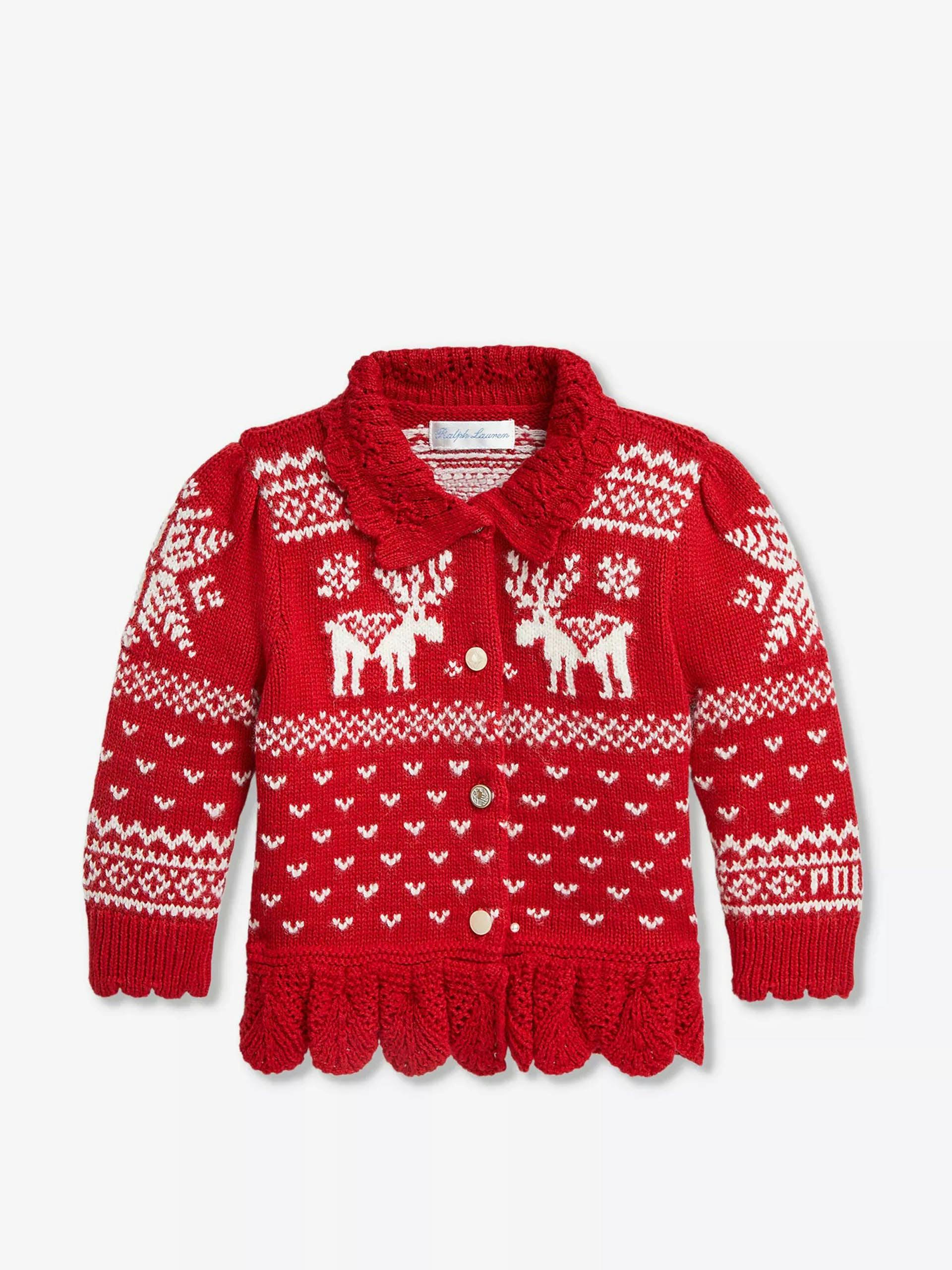 Girls reindeer-intarsia cotton and wool knitted cardigan
