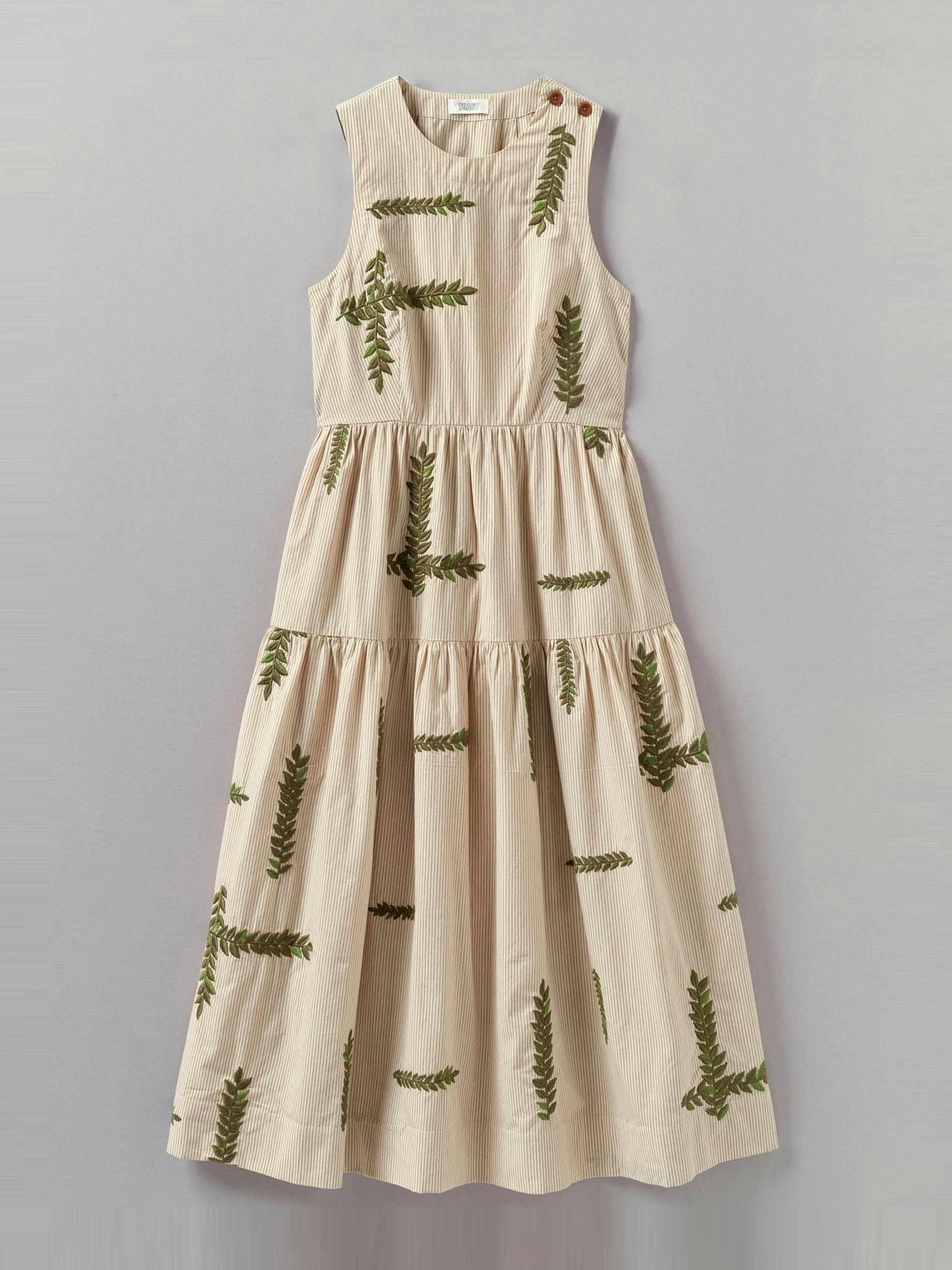 Leaf embroidered stripe poplin dress
