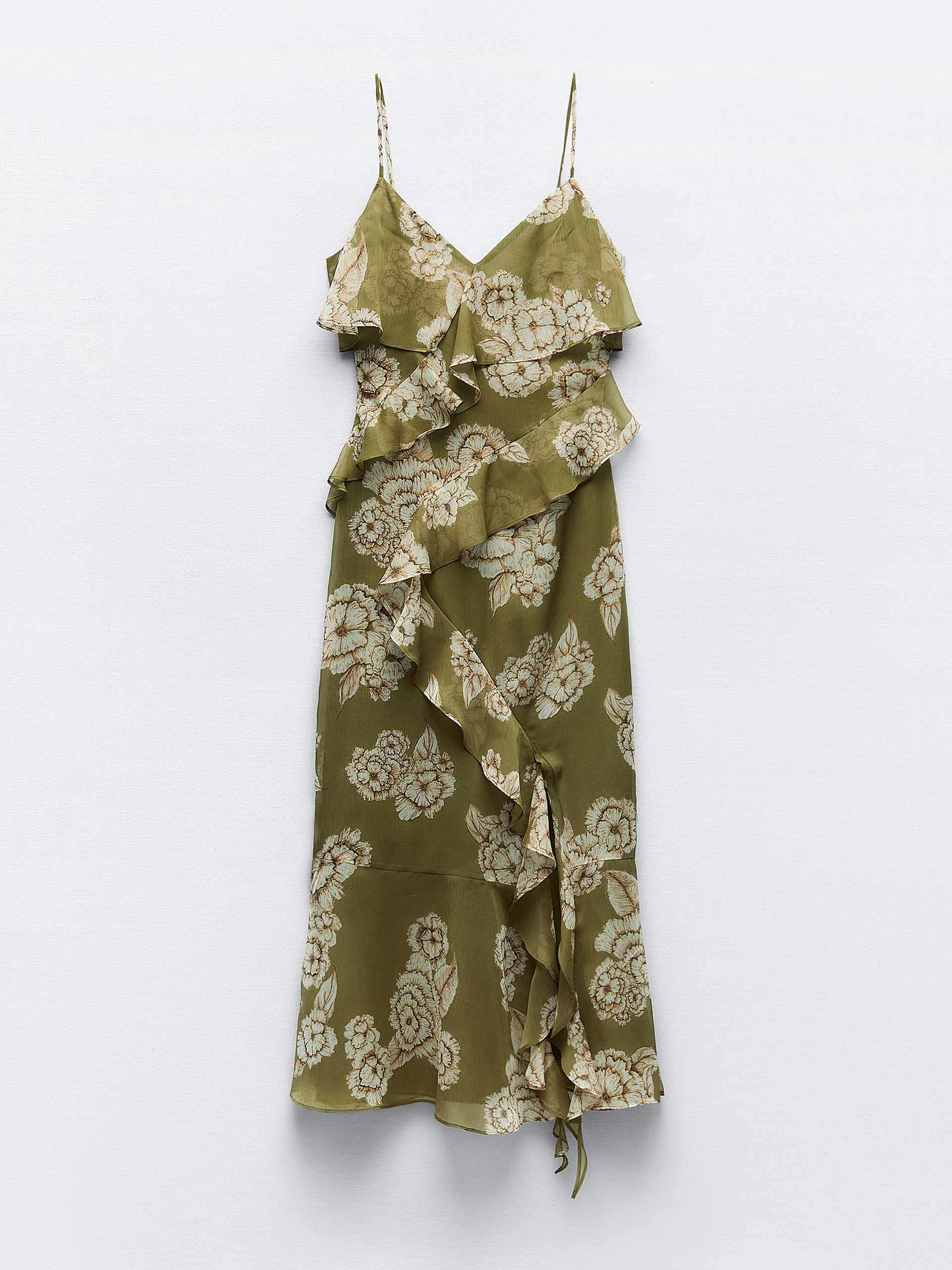 Green ruffled floral print midi dress