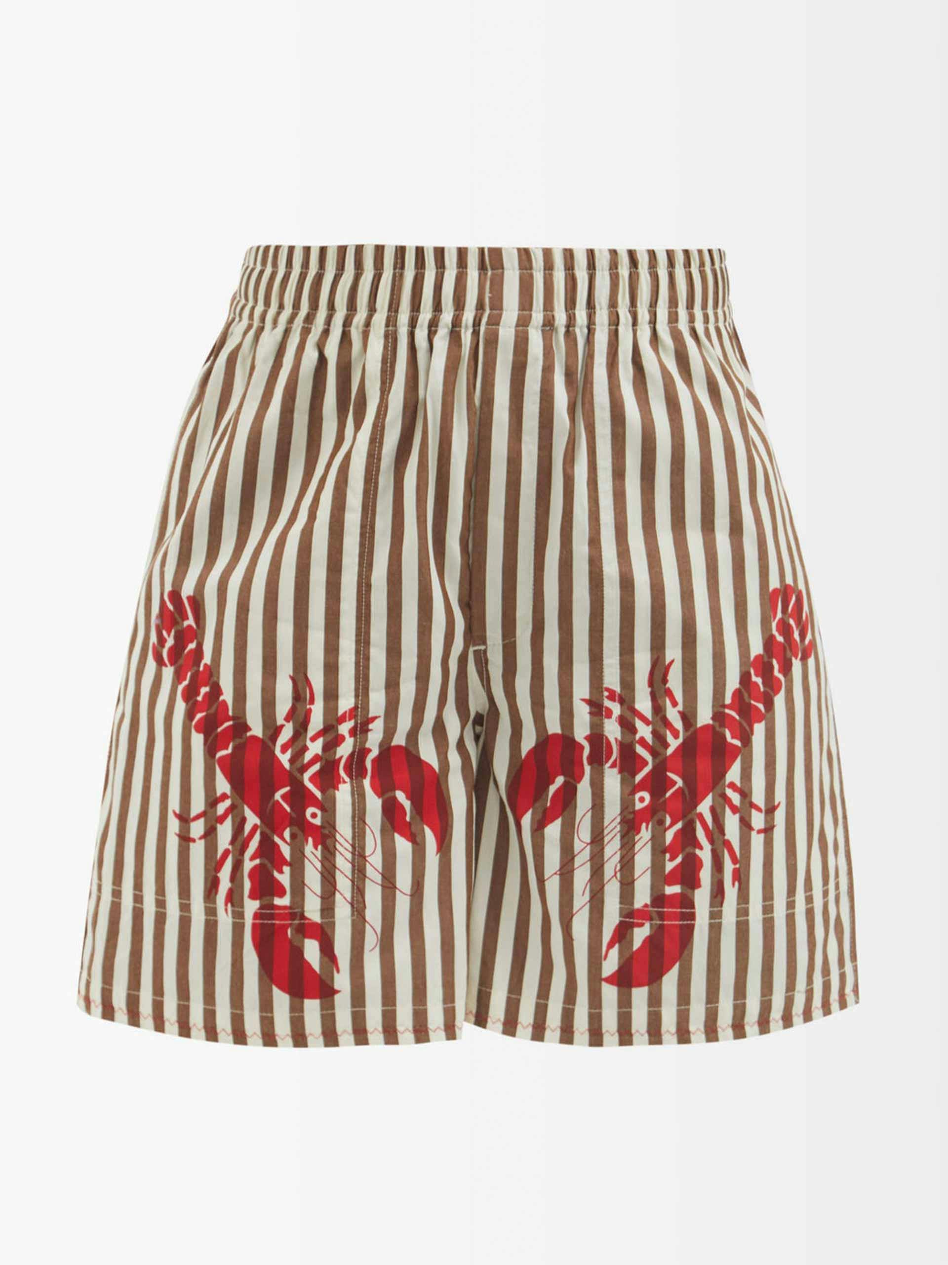 Lobster-print striped cotton shorts