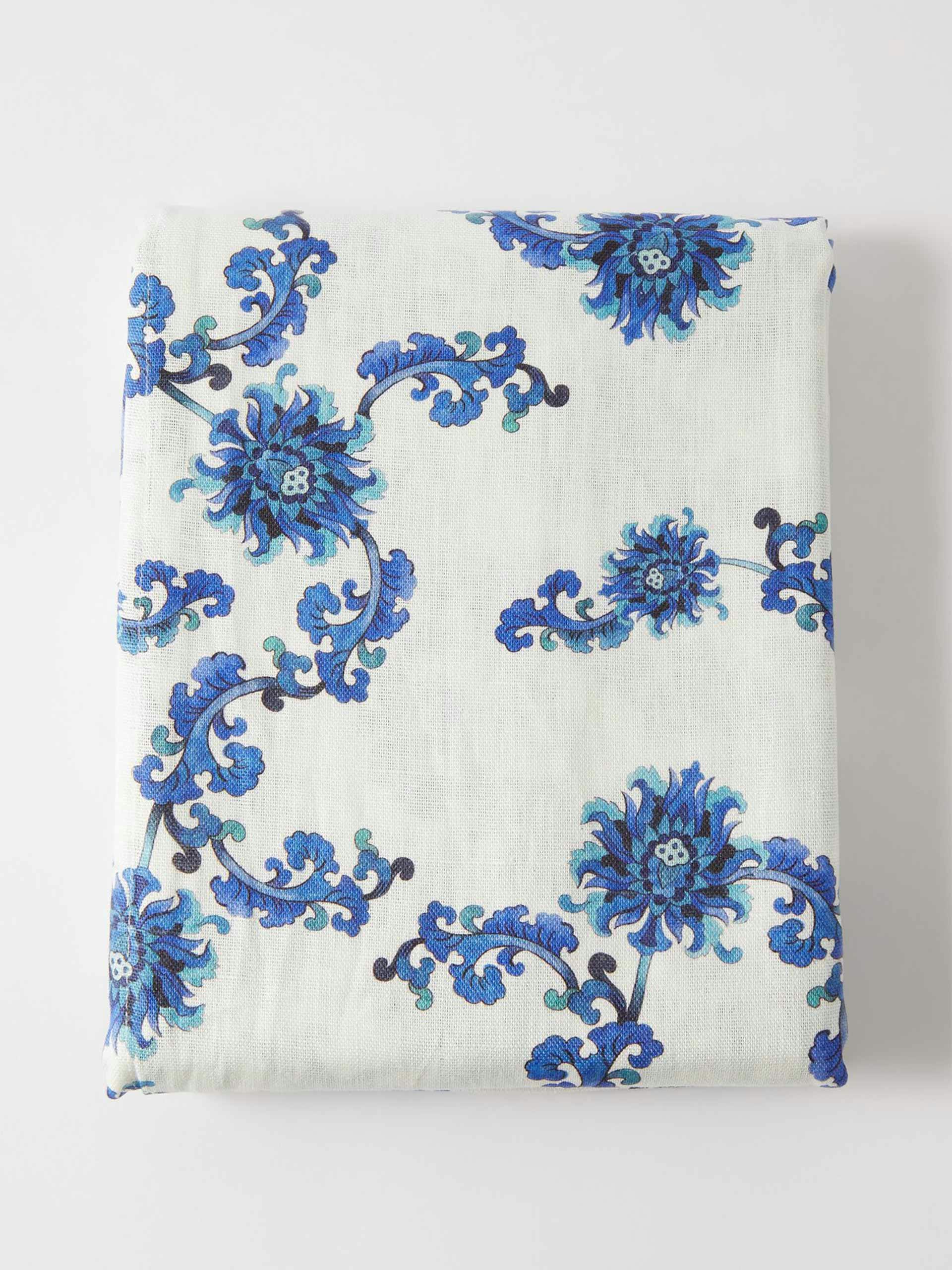 Blue and white floral print tablecloth
