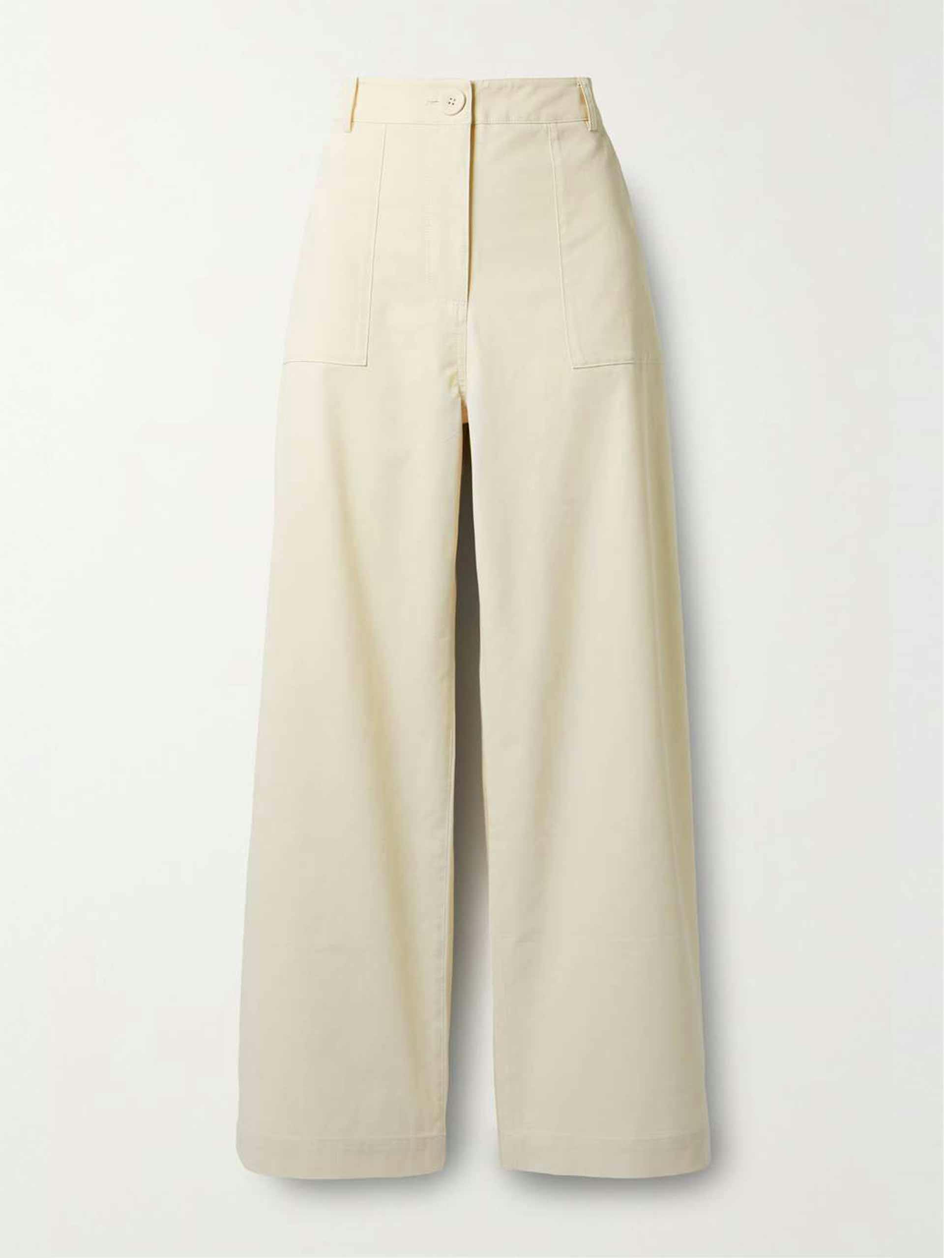 White cotton-blend twill wide-leg pants