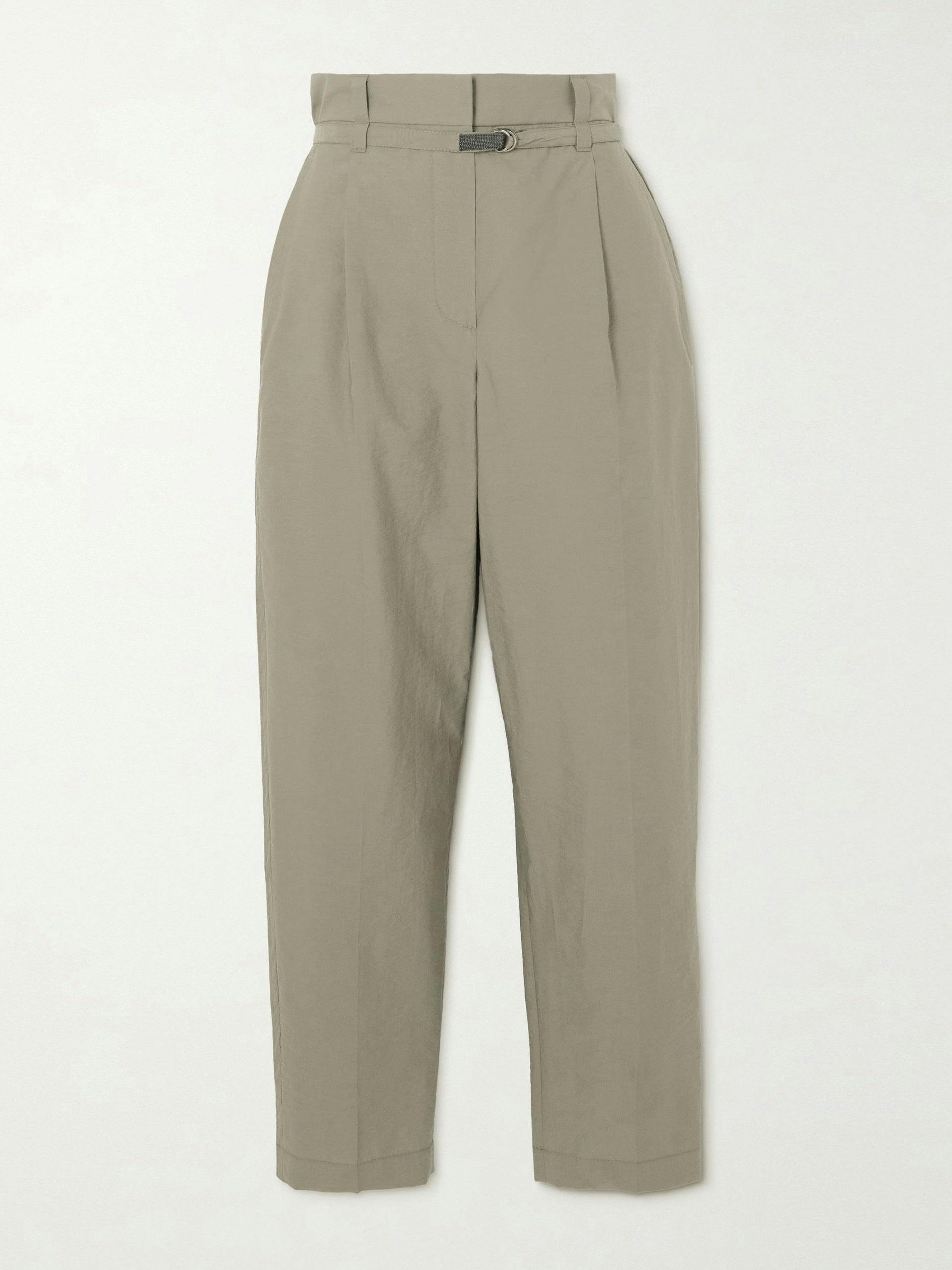 Green belted cotton-blend tapered trousers