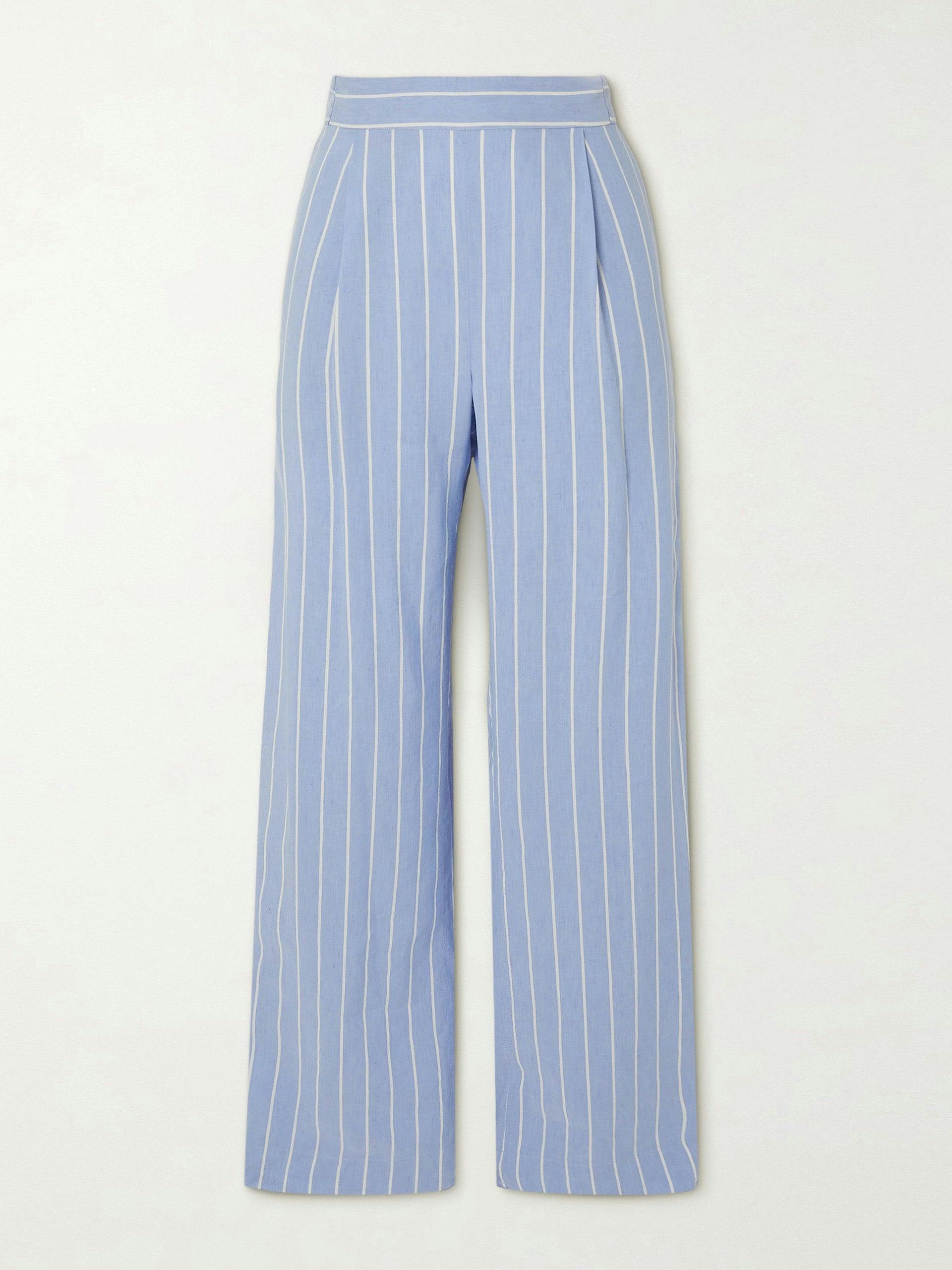 Blue striped woven wide-leg trousers