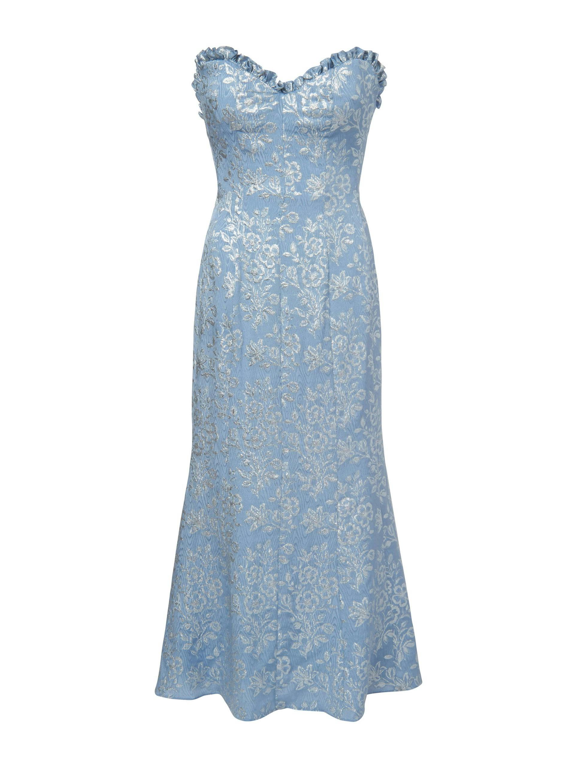Odelina blue metallic floral strapless dress