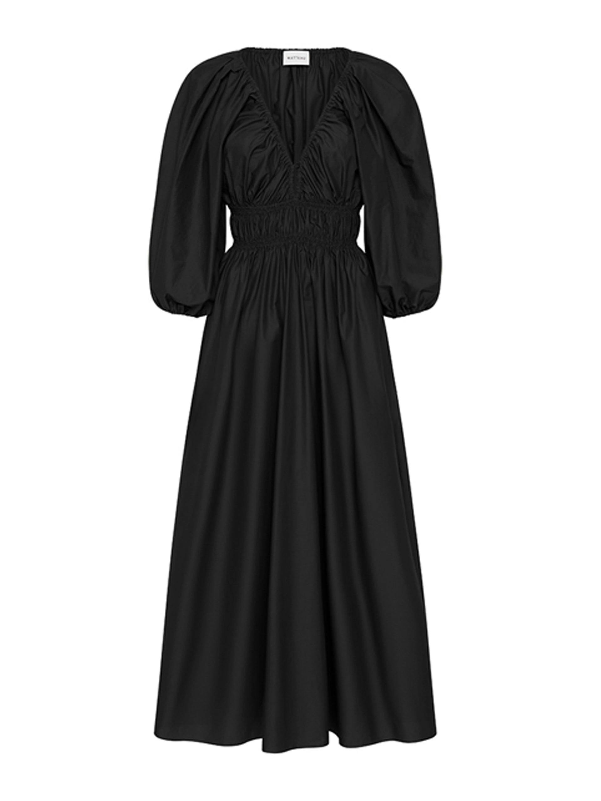 Black shirred plunge button dress