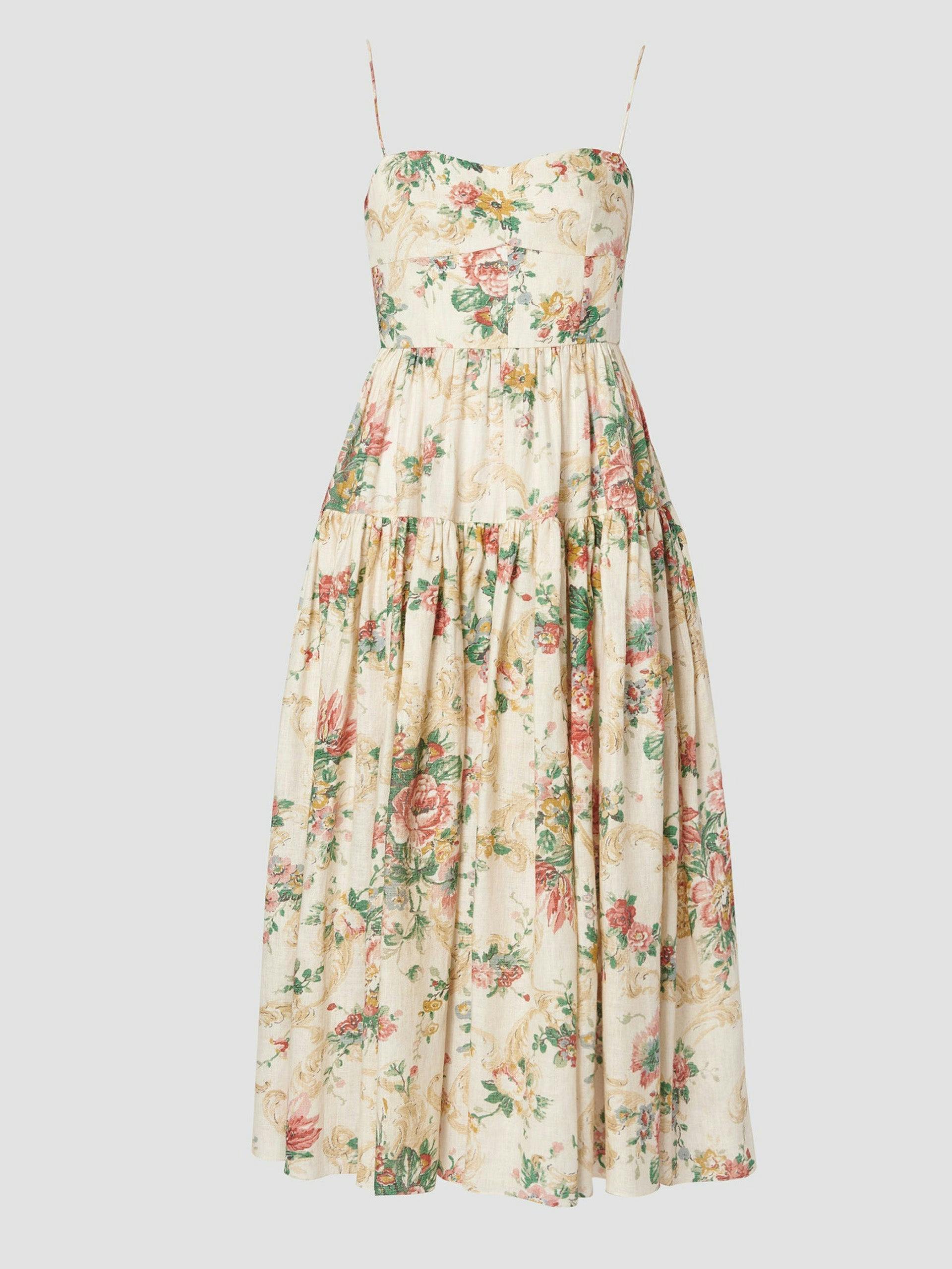 Ecru and multi antique linen chintz fit and flare dress