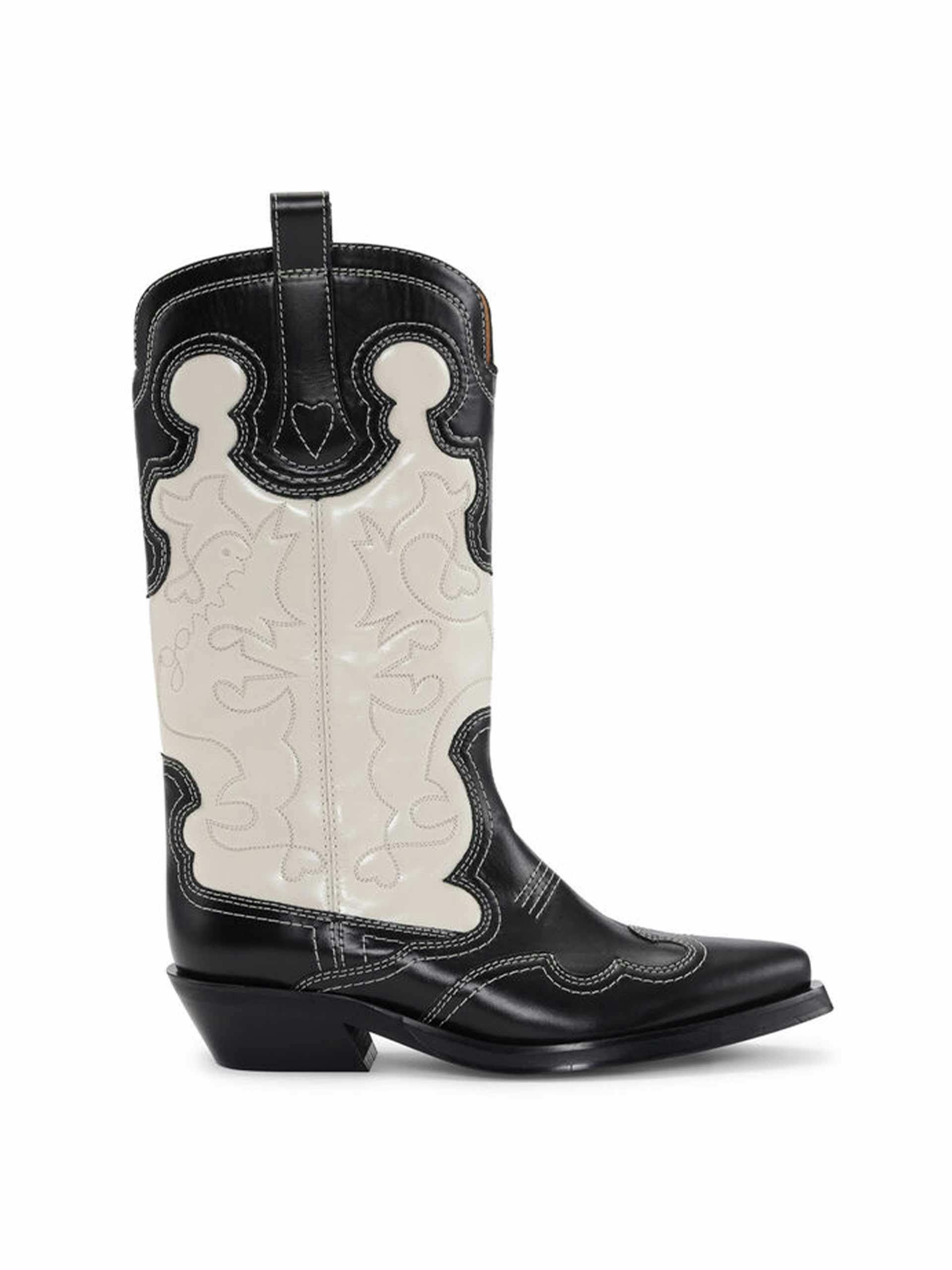 Monochrome mid shaft embroidered western boots