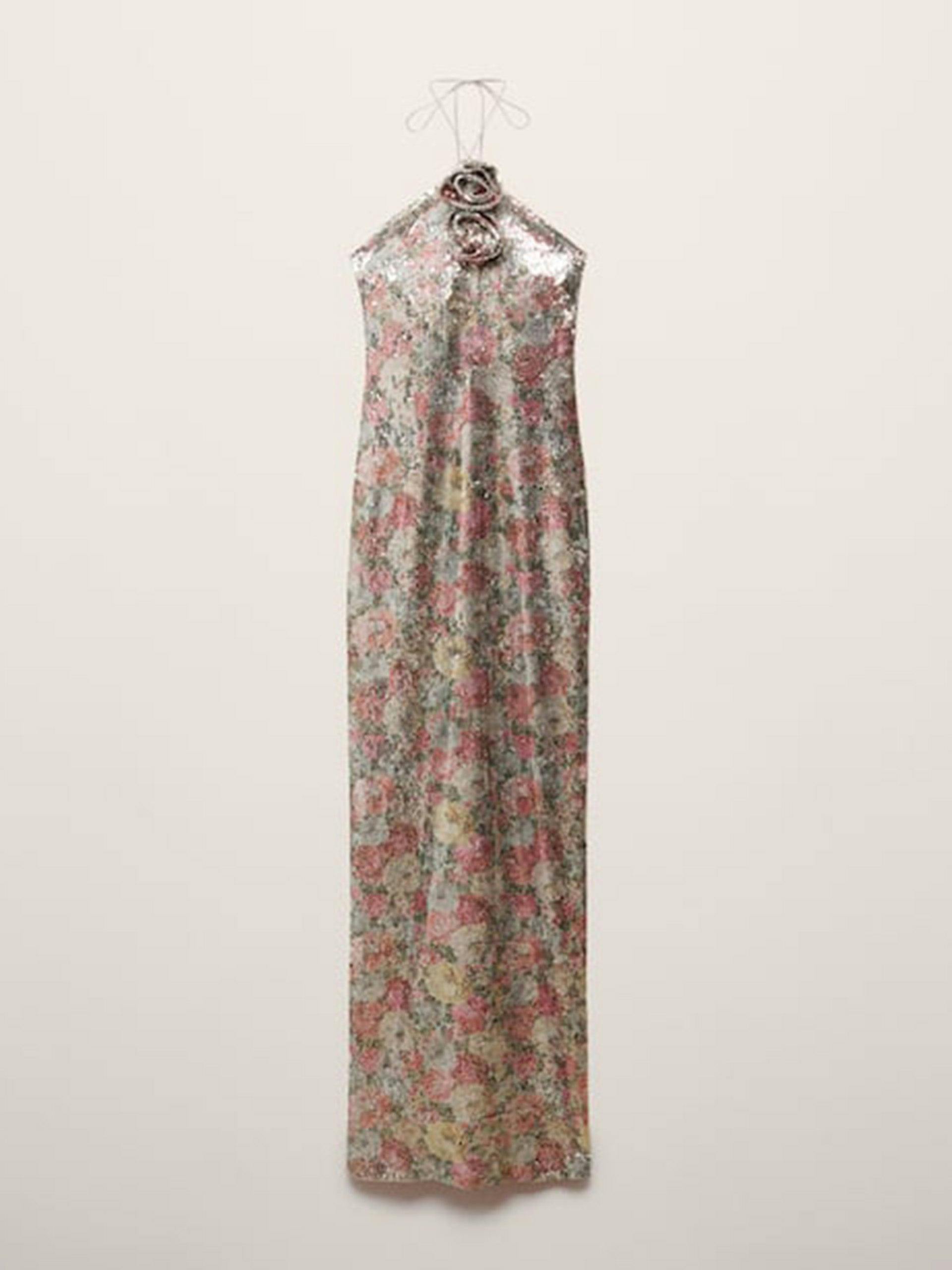 Sequinned halter-neck floral dress