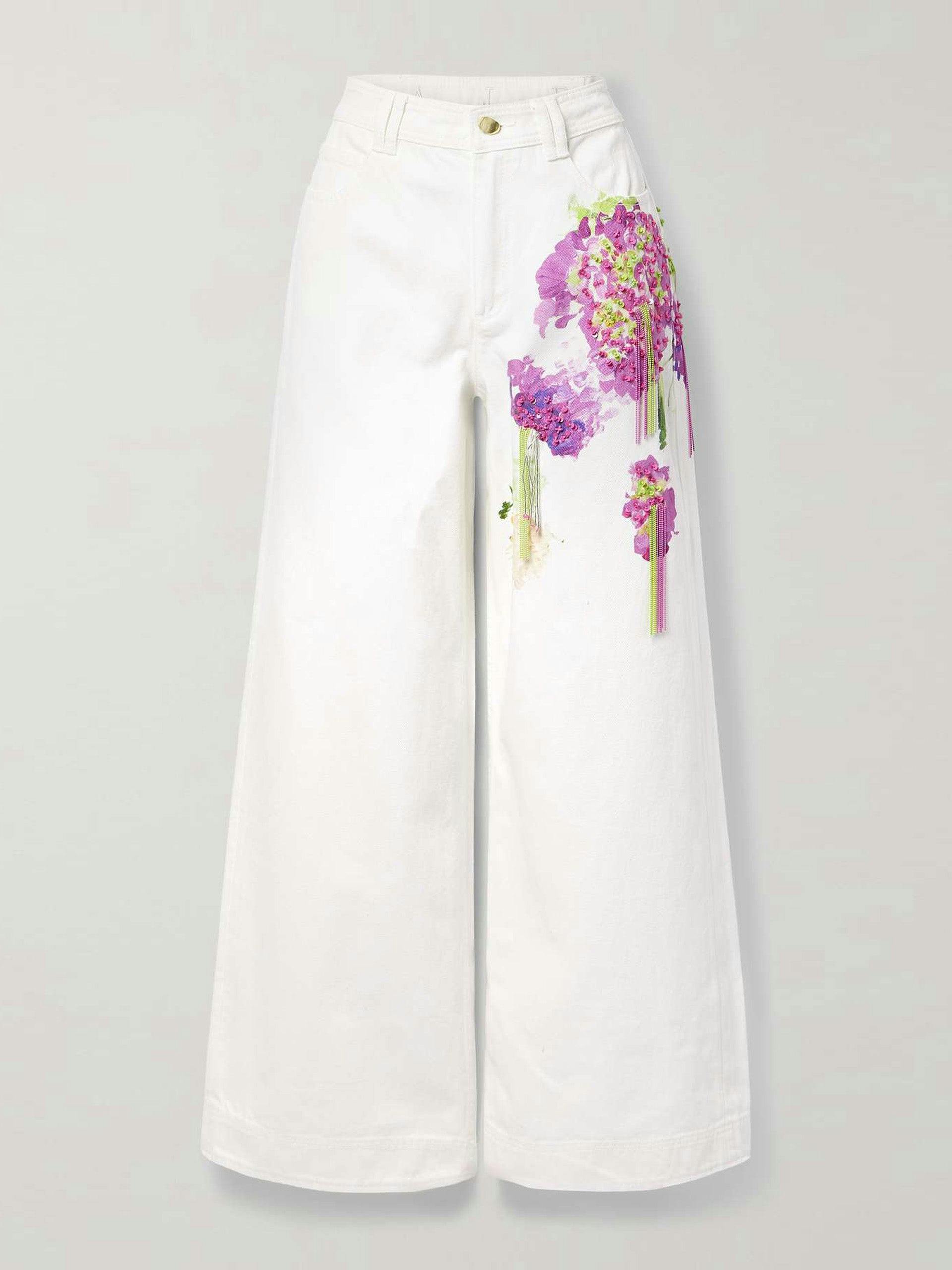 Embellished floral-print high-rise wide-leg jeans