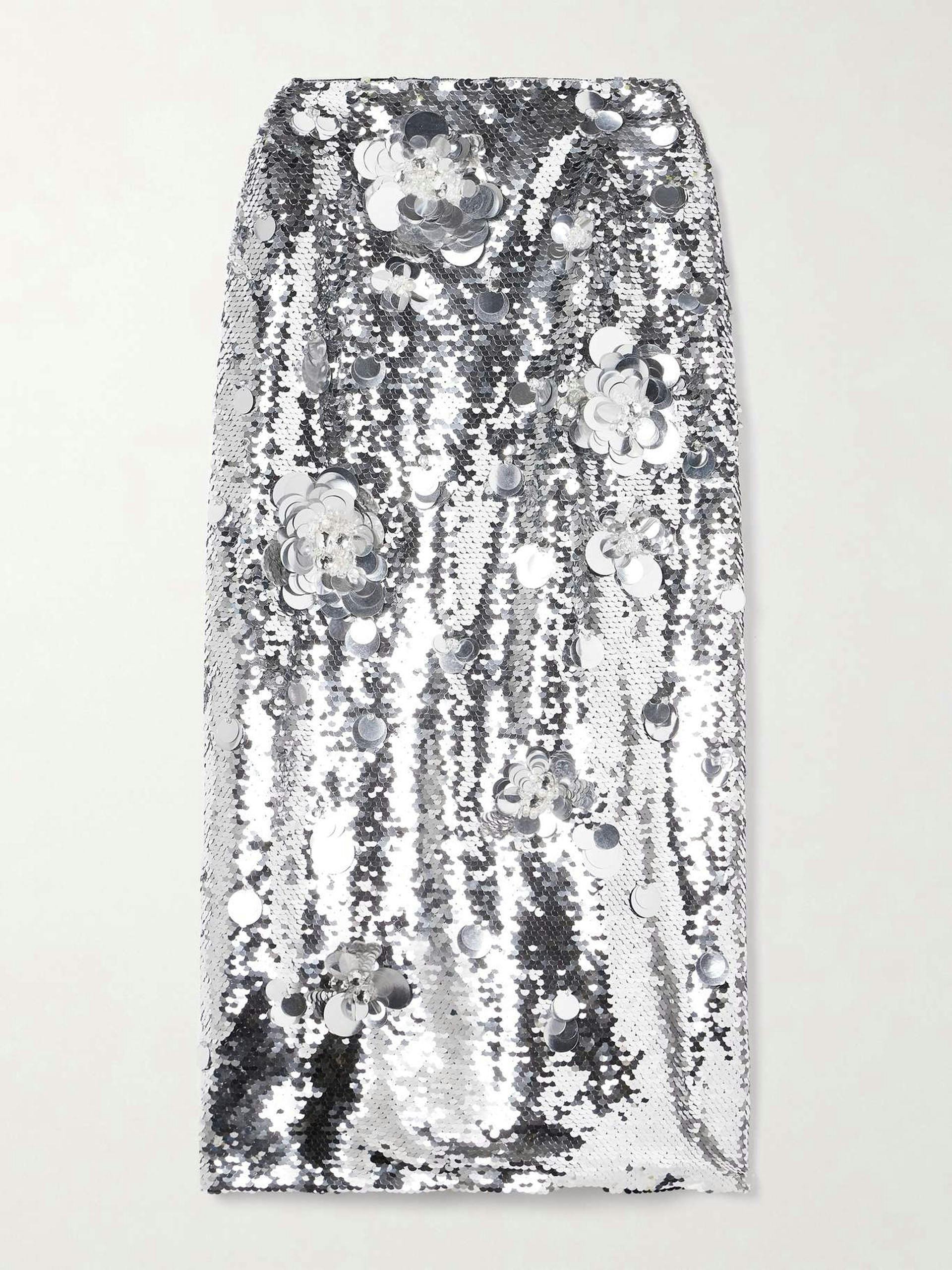 Embellished sequined tulle midi skirt