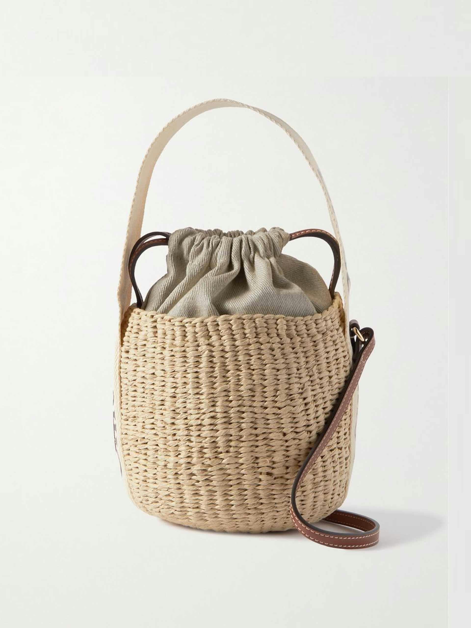 Leather-trimmed paper and linen bucket bag