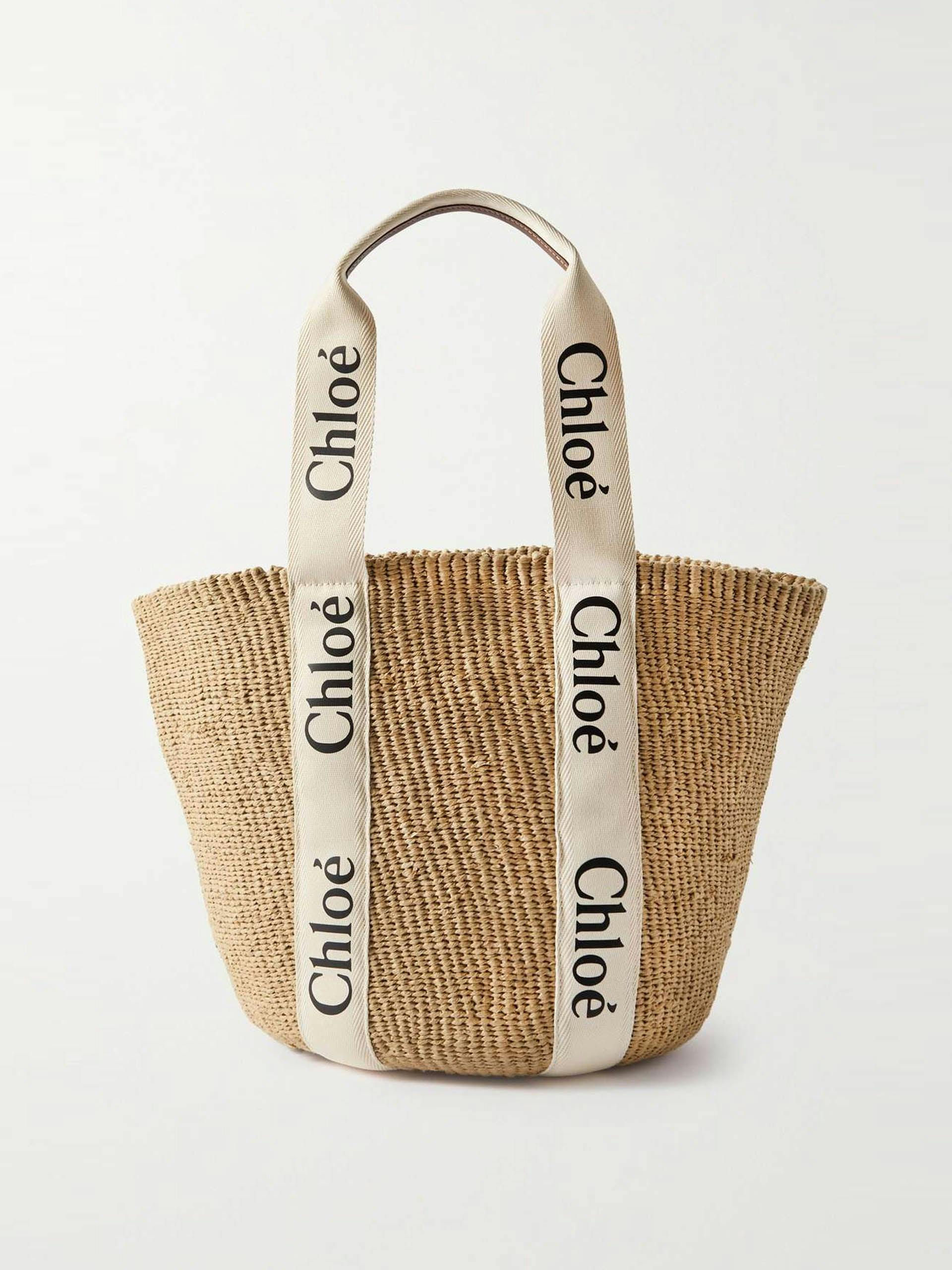 Woody large leather-trimmed raffia tote