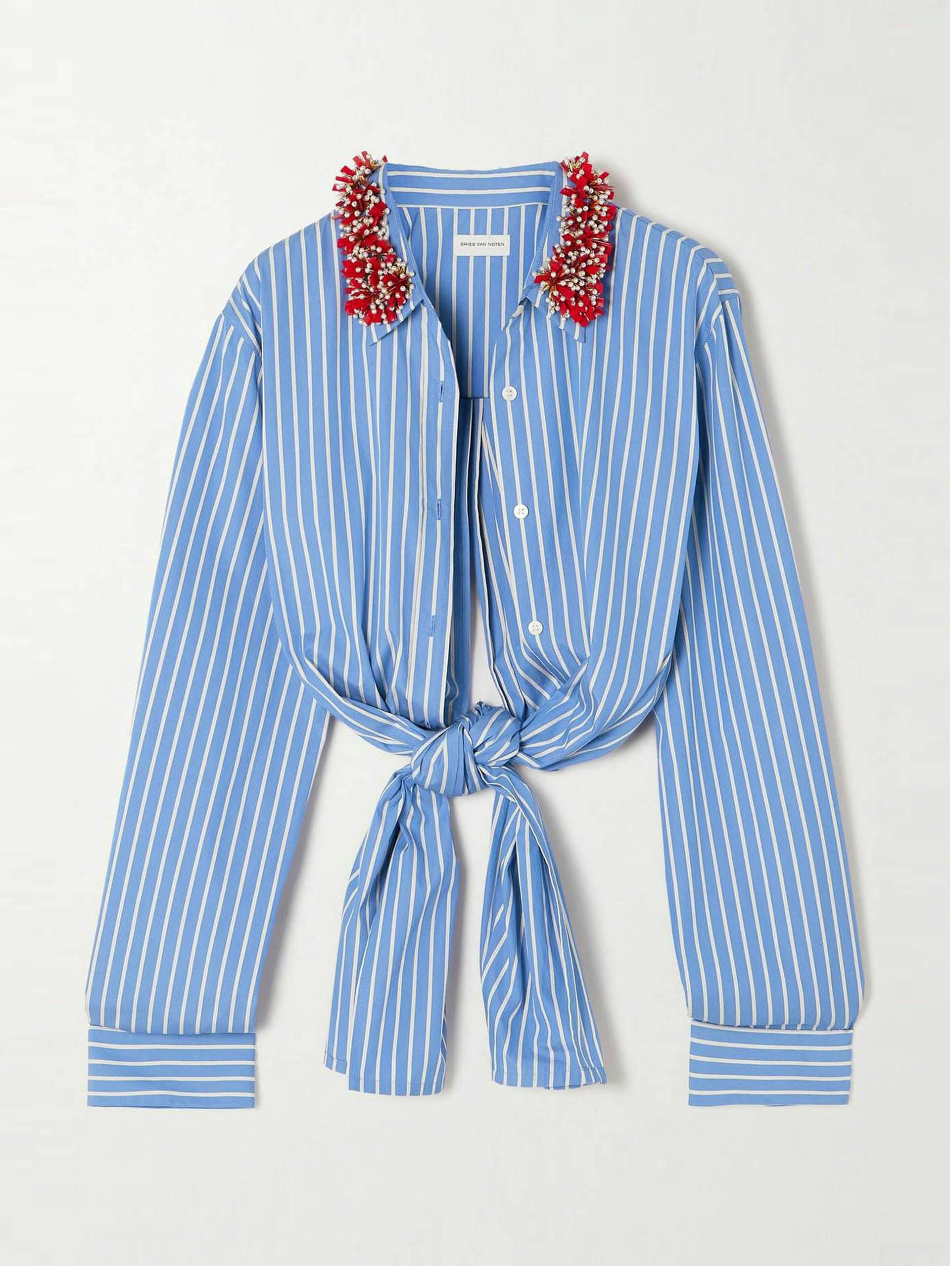 Knotted embellished striped cotton-poplin shirt