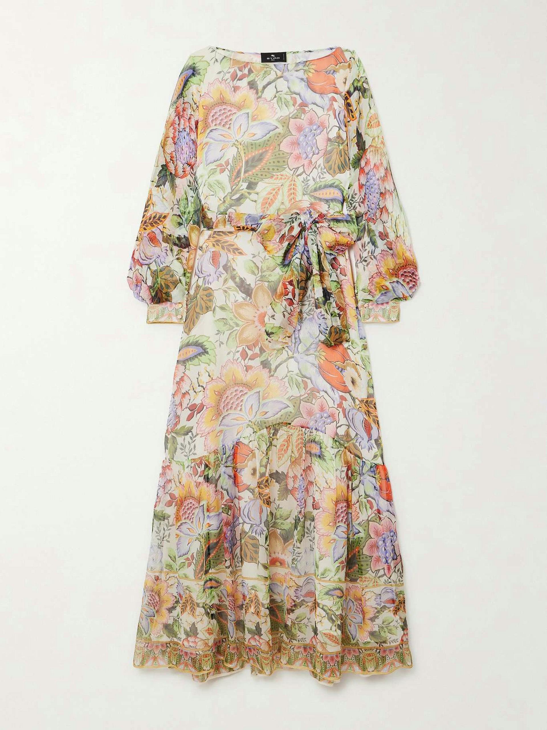 Belted floral-print silk-crepon maxi dress