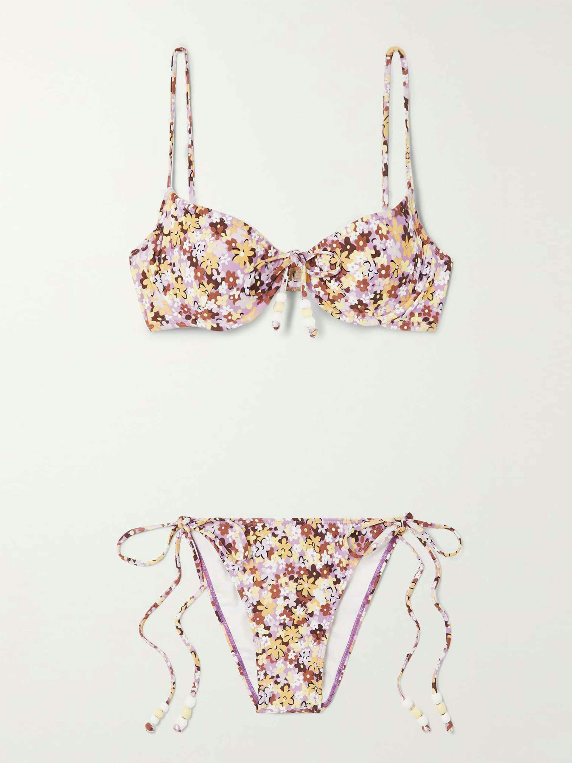 Embellished floral-print bikini
