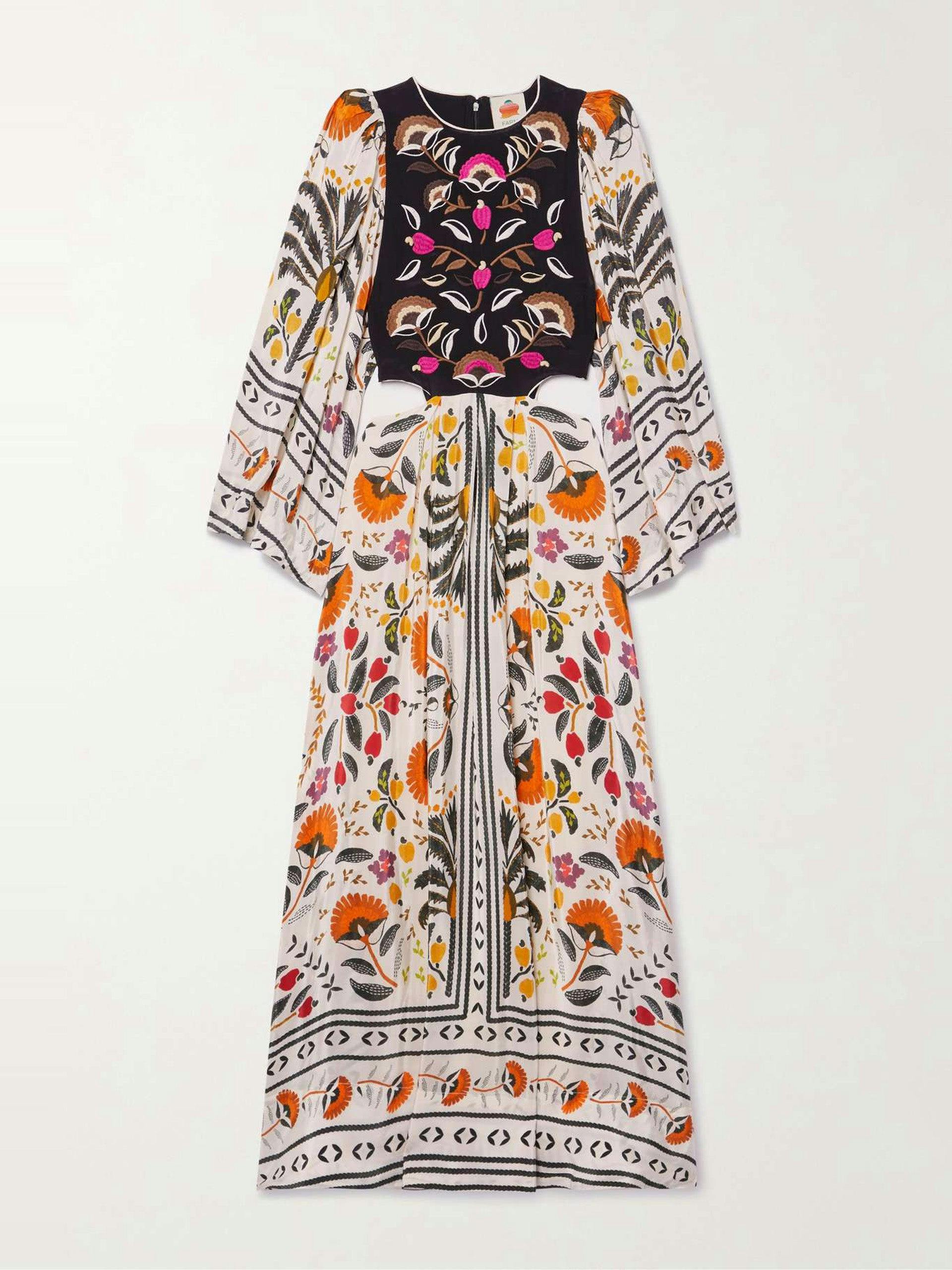 Cutout embroidered printed crepe de chine maxi dress