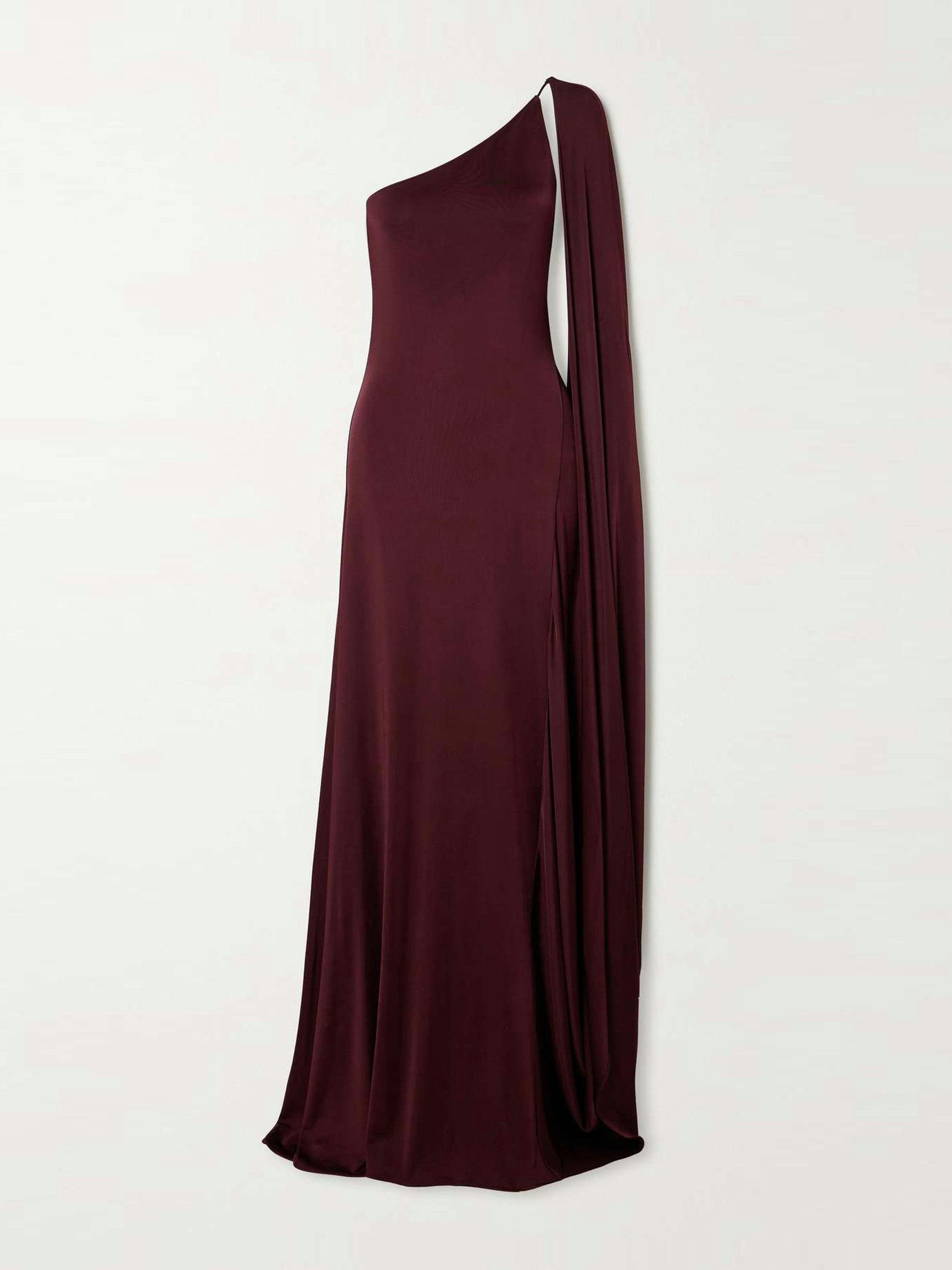 Cape-effect one-shoulder satin gown