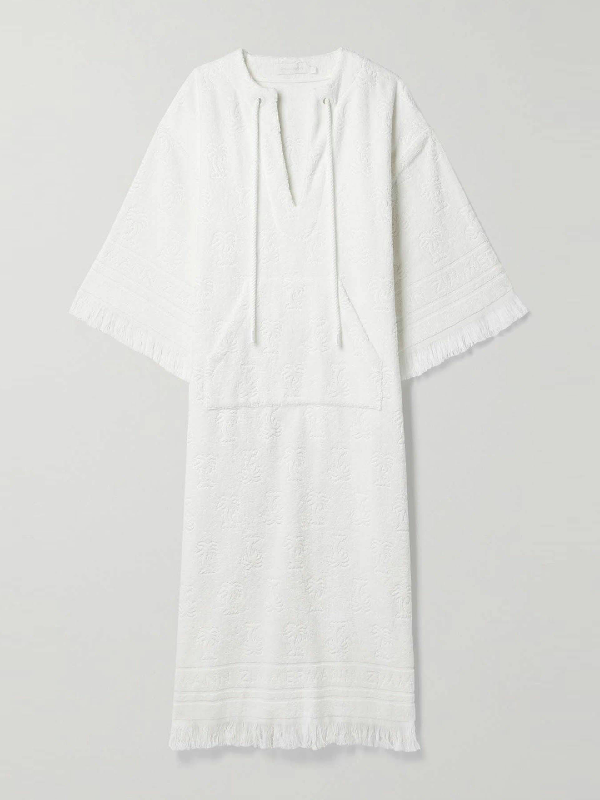 Alight fringed cotton-terry jacquard coverup