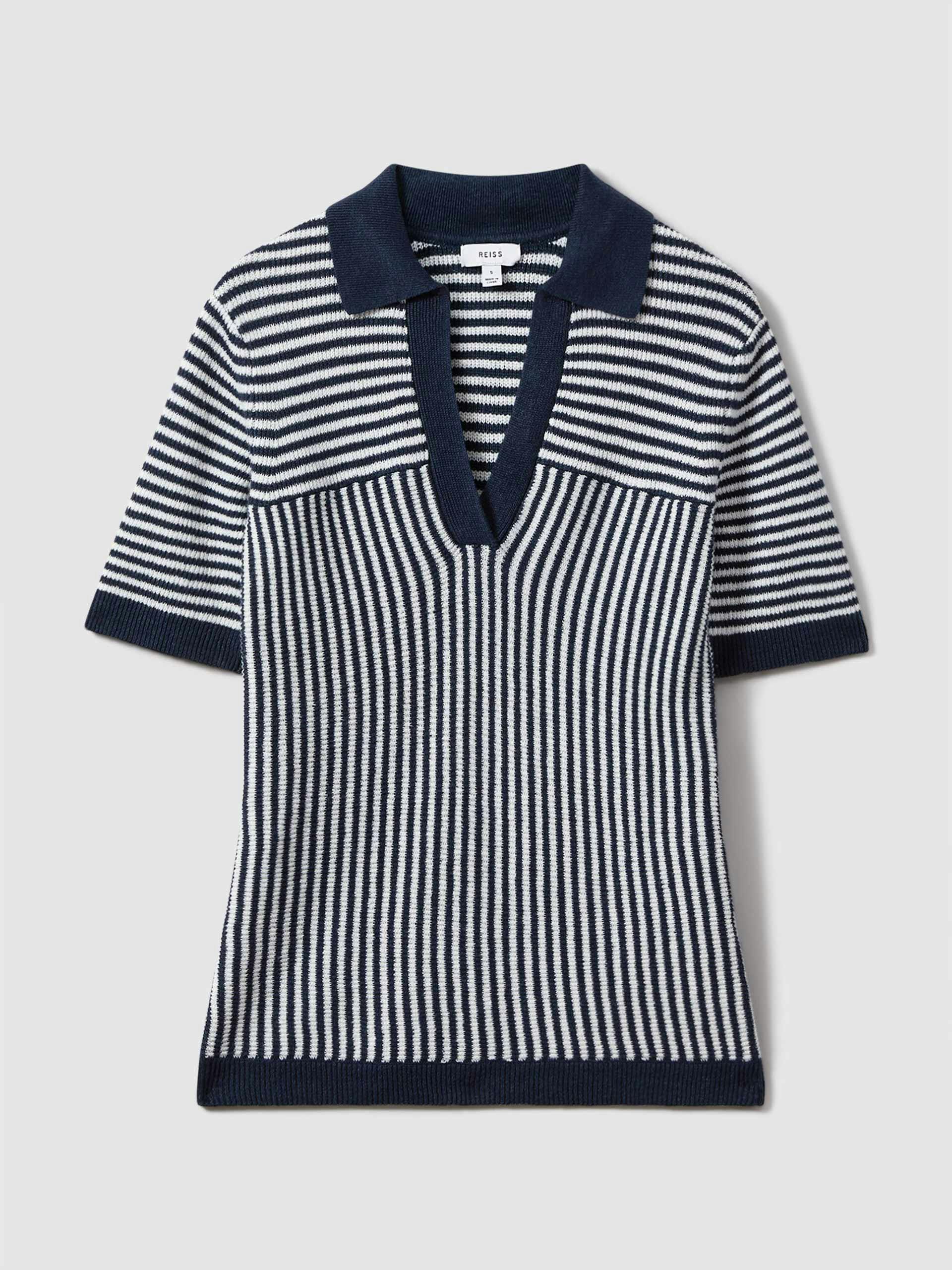 Linen blend open collar striped polo shirt