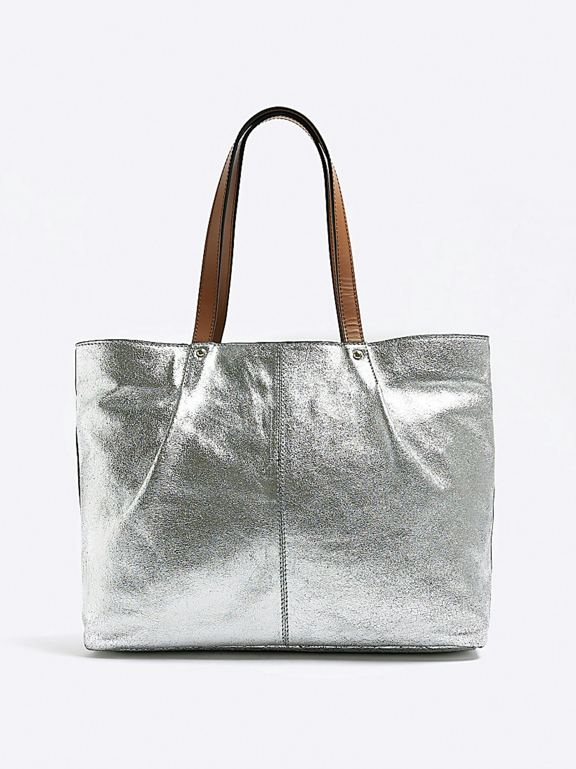 Silver leather metallic shopper bag