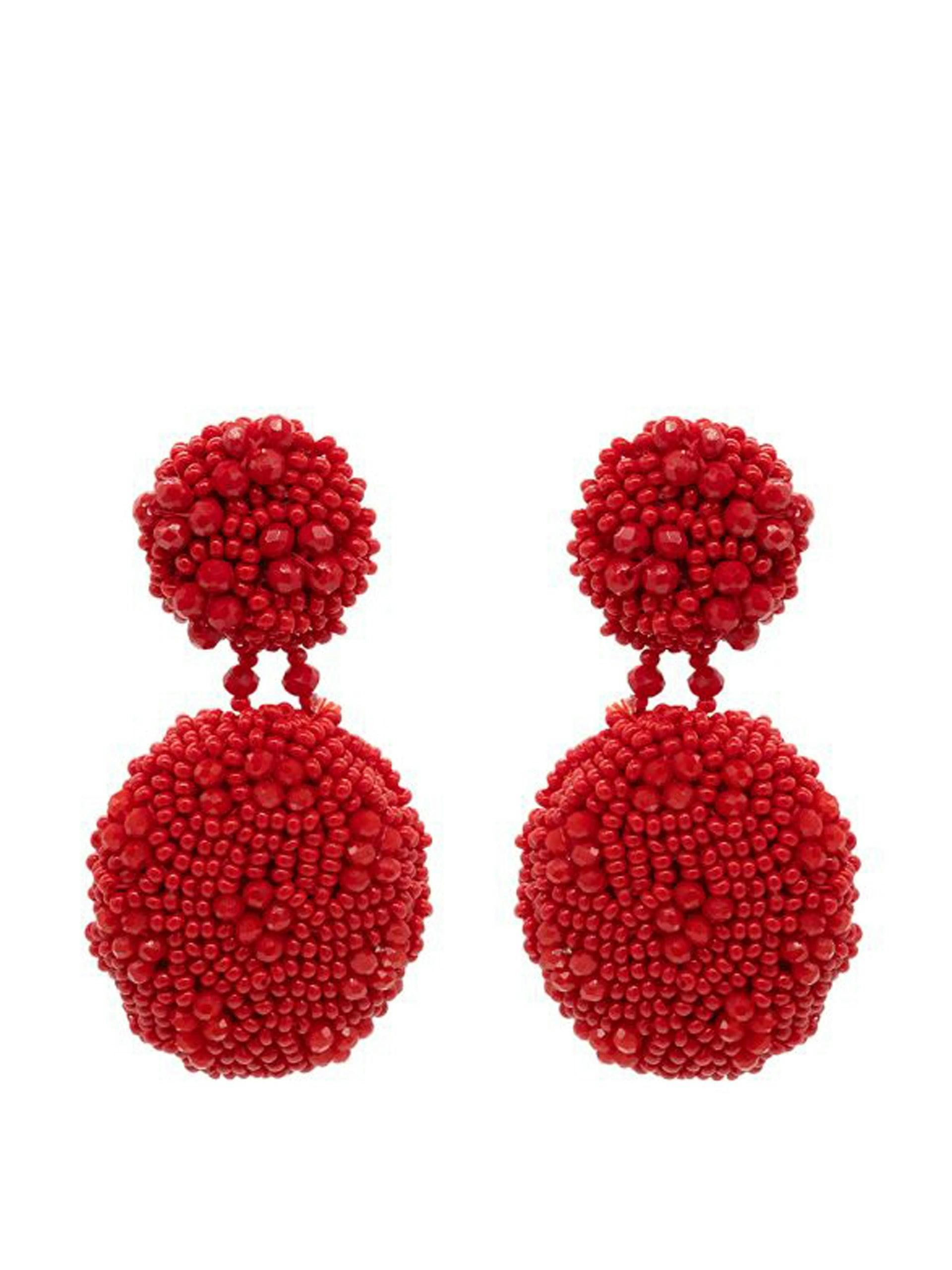 Red beaded cluster oval drop earrings