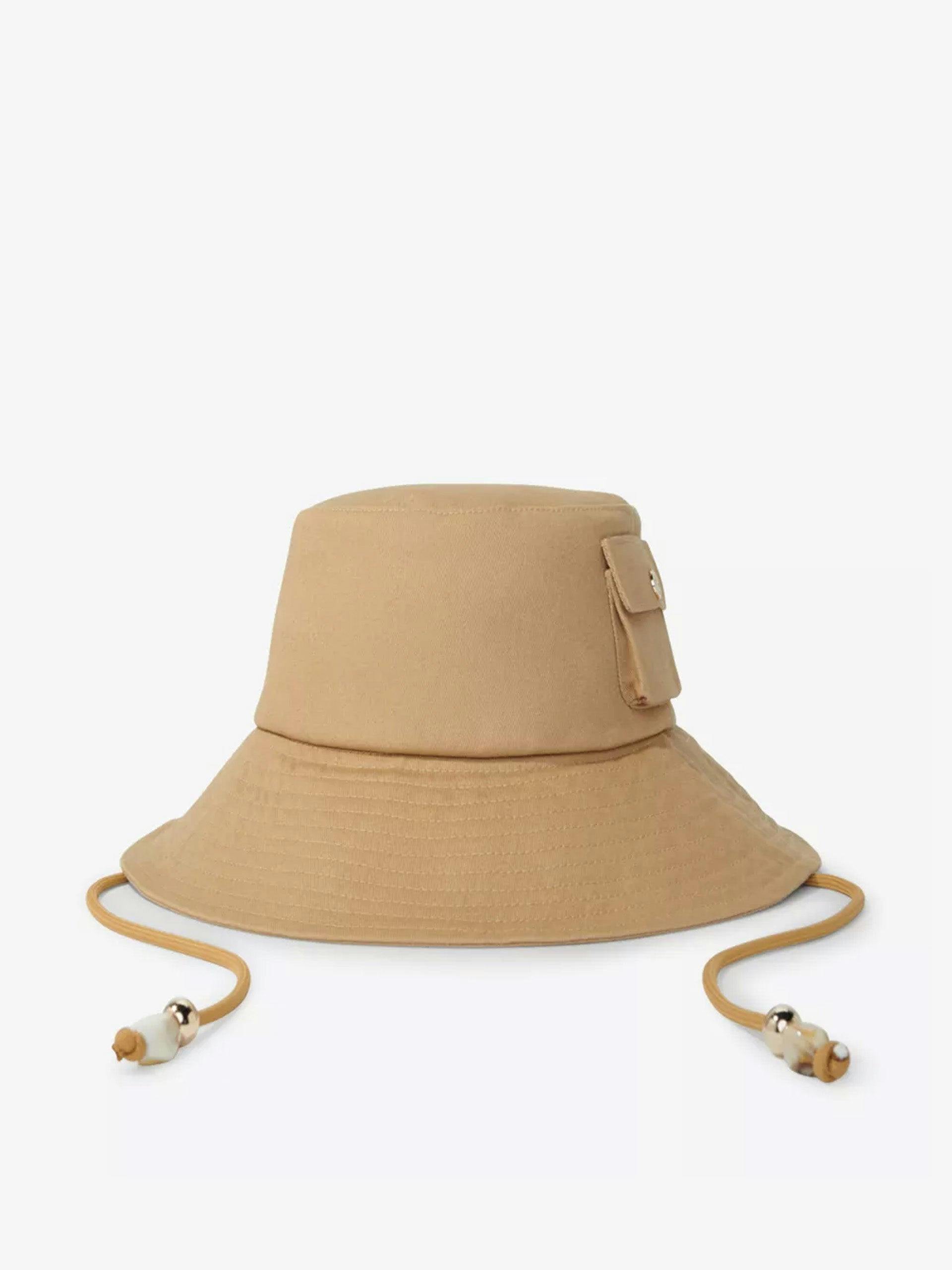 Oversized-visor beaded-drawstring cotton bucket hat