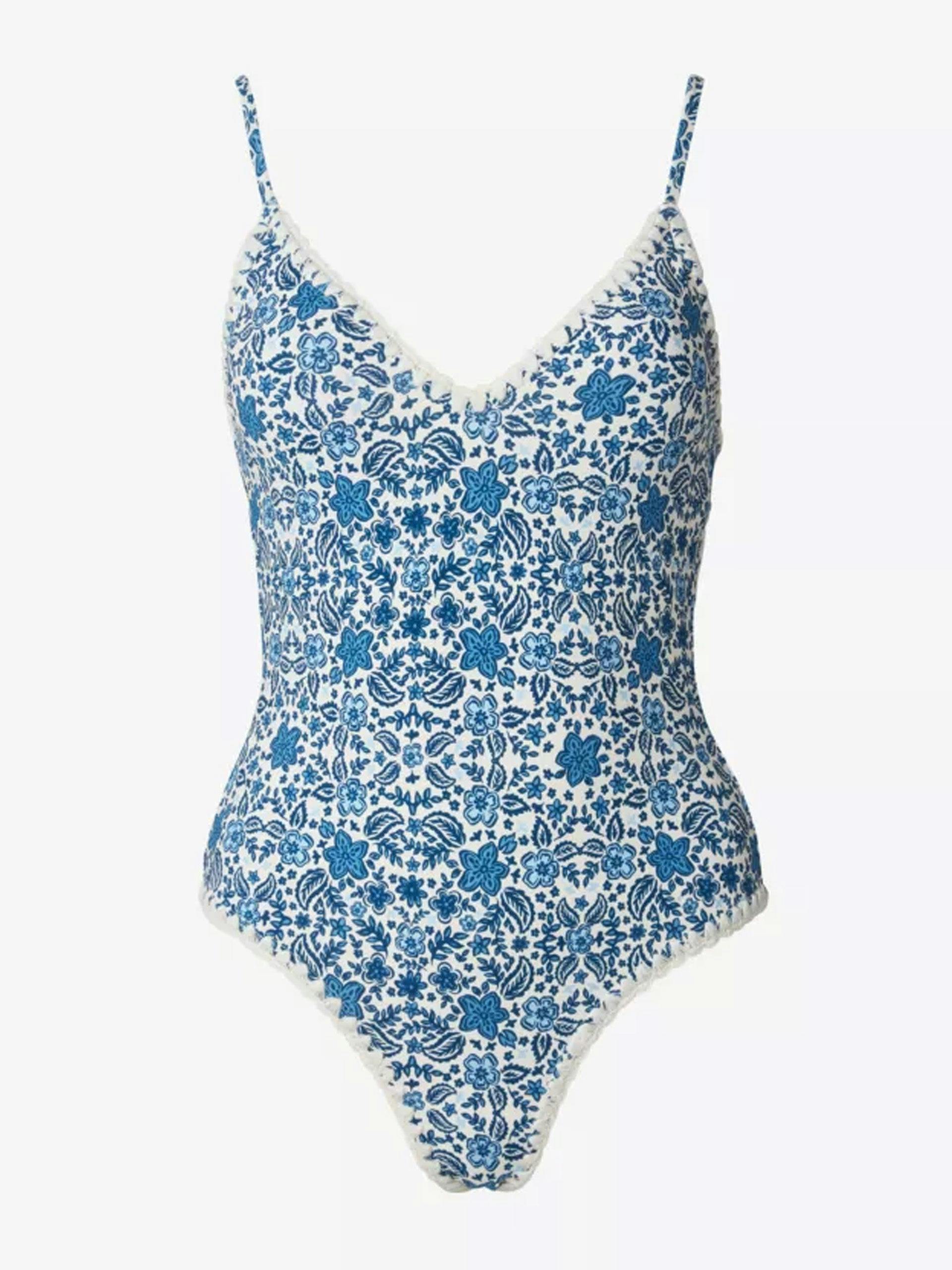 Nila V-neck crochet-trim recycled-nylon swimsuit